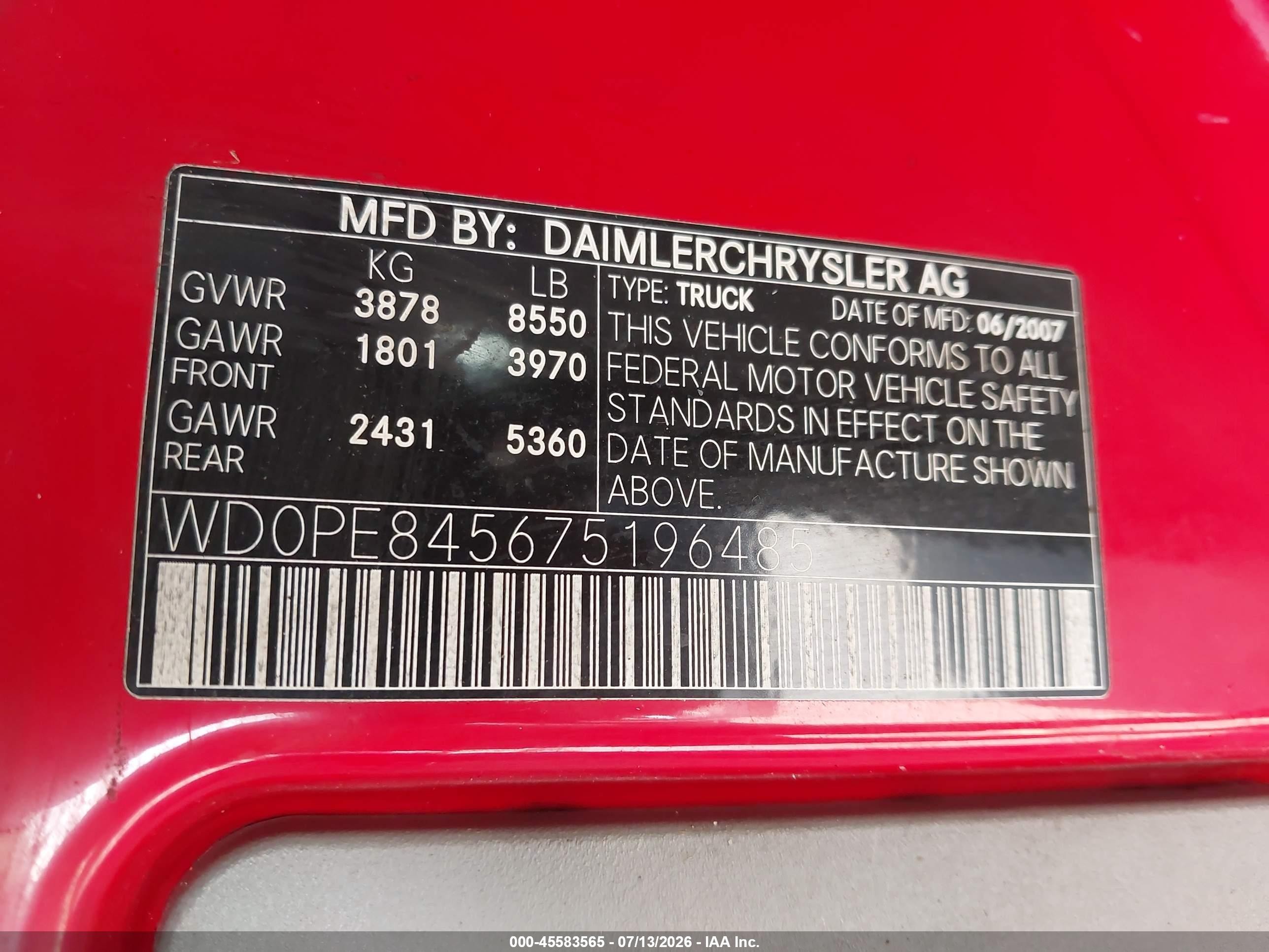 2007 Dodge Sprinter Van 2500 High Roof Красный vin: WD0PE845675196485