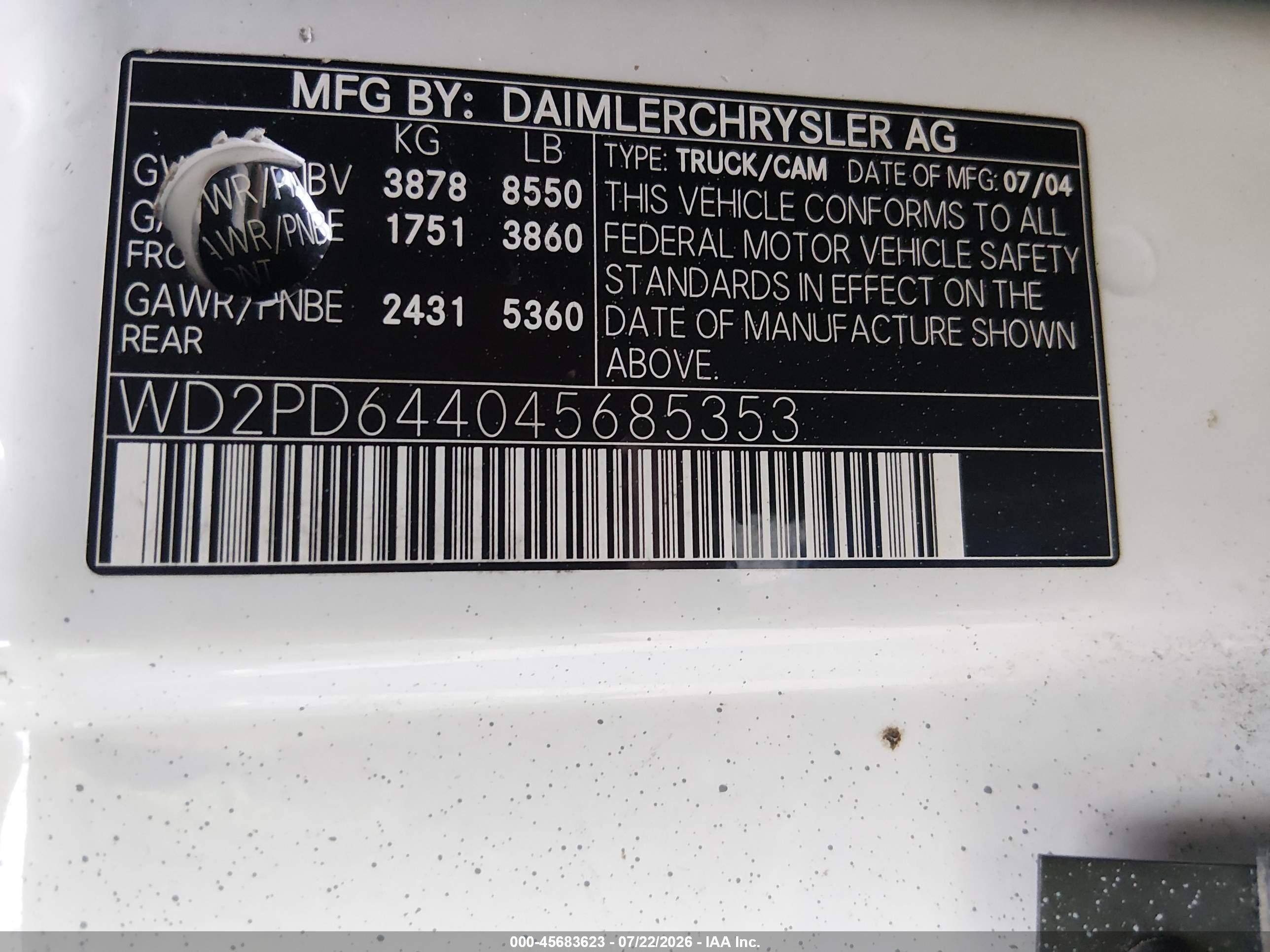 2004 Dodge Sprinter Van 2500 High Roof Gray vin: WD2PD644045685353