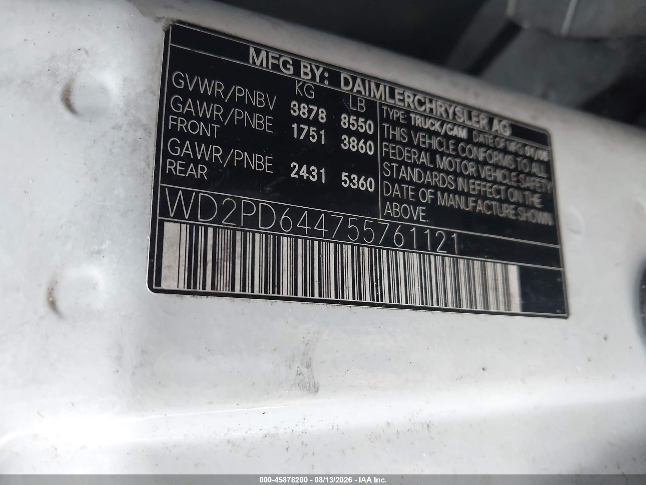 2005 Dodge Sprinter Hc White vin: WD2PD644755761121