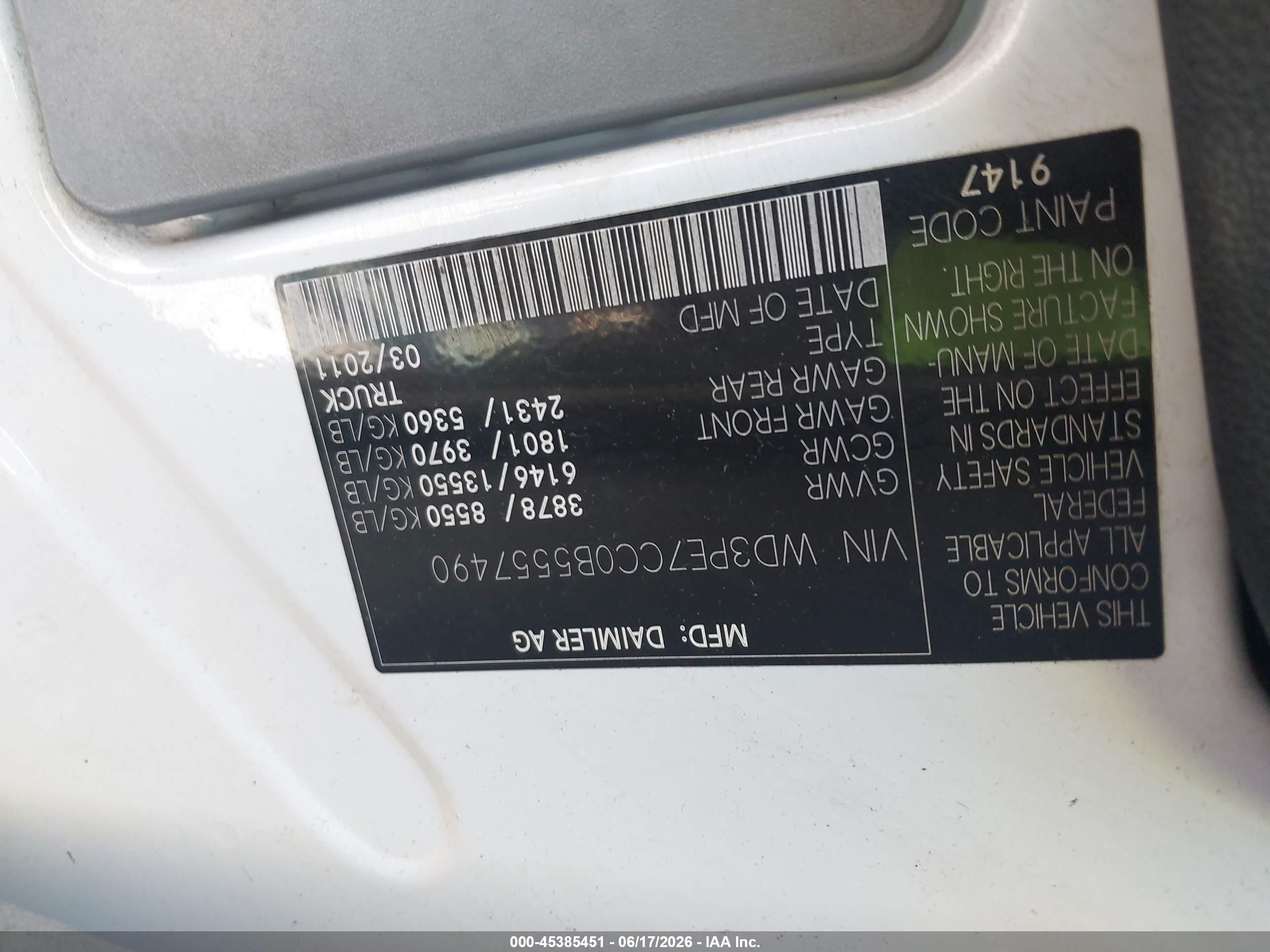 2011 Mercedes-benz Sprinter 2500 Normal Roof White vin: WD3PE7CC0B5557490