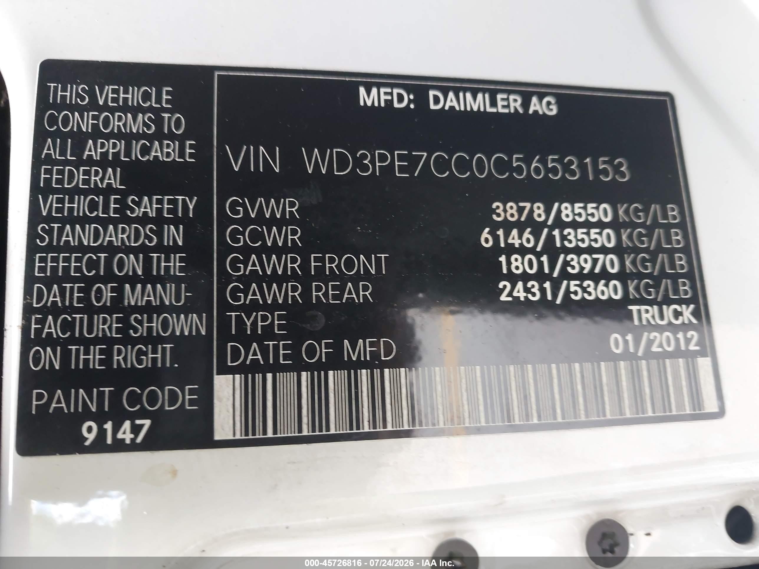 2012 Mercedes-benz Sprinter 2500 Normal Roof White vin: WD3PE7CC0C5653153
