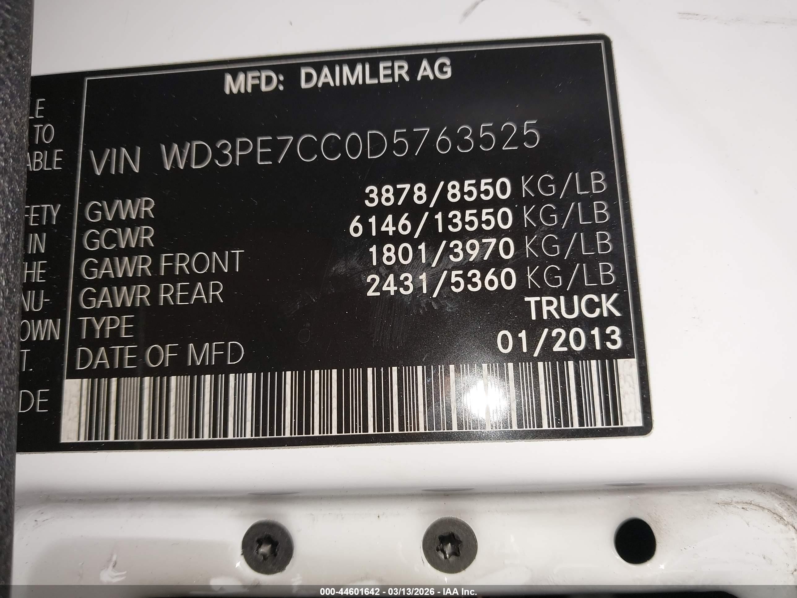 2013 Mercedes-benz Sprinter 2500 Normal Roof White vin: WD3PE7CC0D5763525