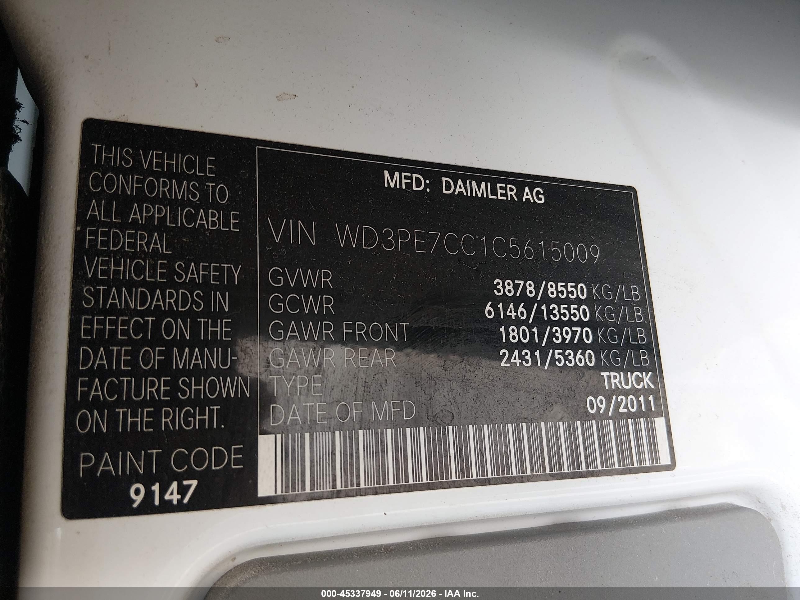 2012 Mercedes-benz Sprinter 2500 Normal Roof White vin: WD3PE7CC1C5615009