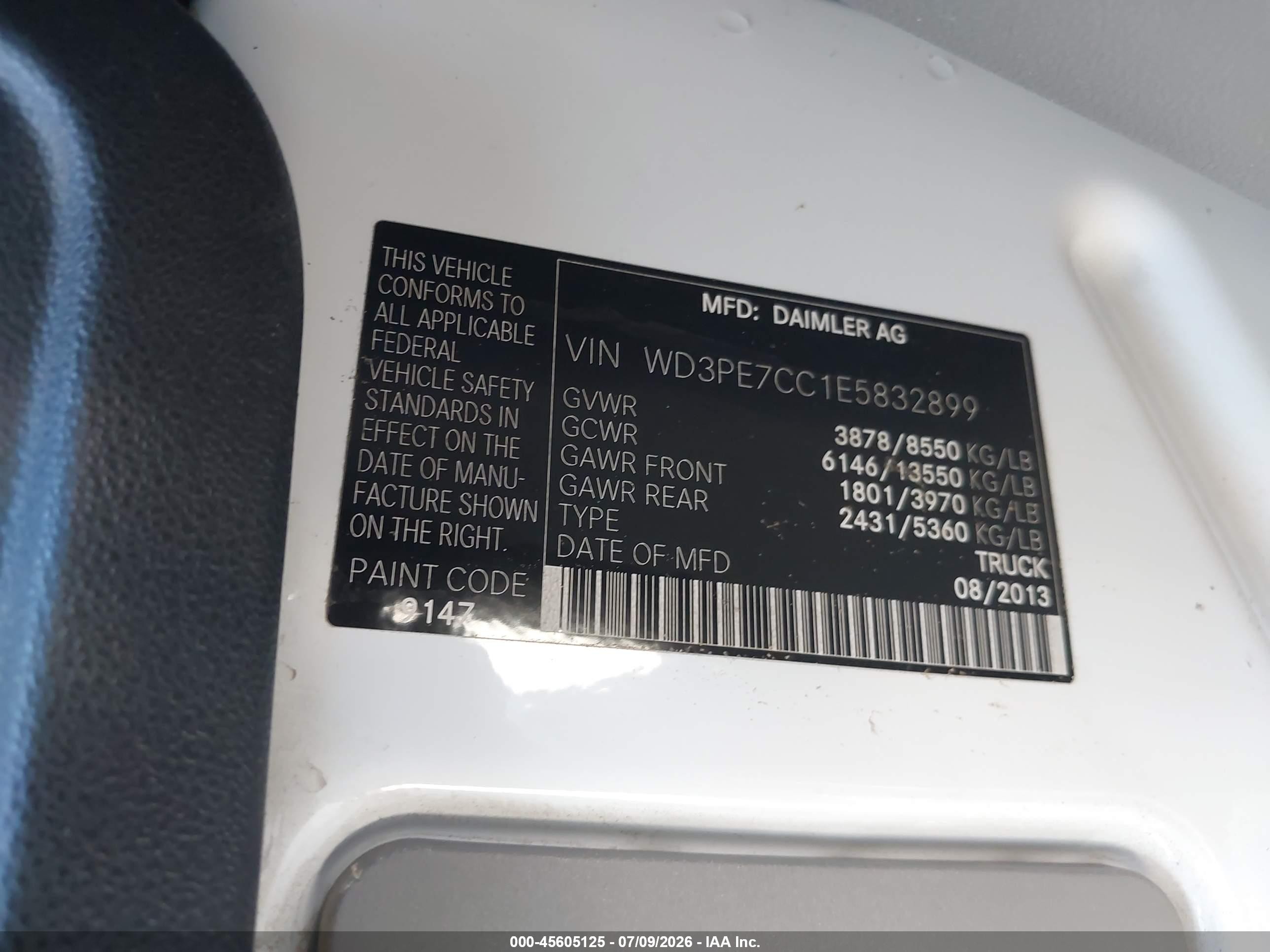 2014 Mercedes-benz Sprinter 2500 Normal Roof White vin: WD3PE7CC1E5832899