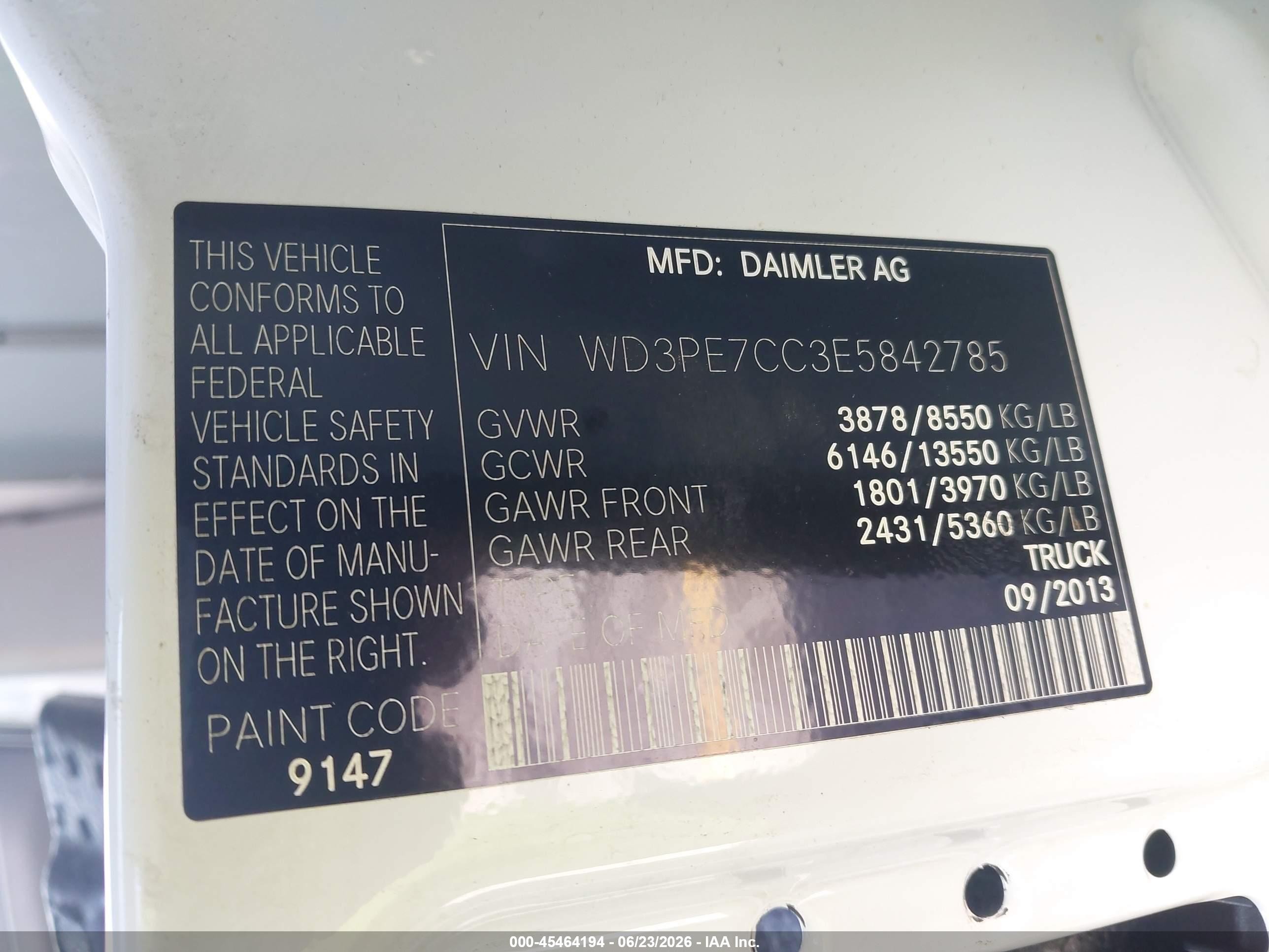 2014 Mercedes-benz Sprinter 2500 Normal Roof White vin: WD3PE7CC3E5842785