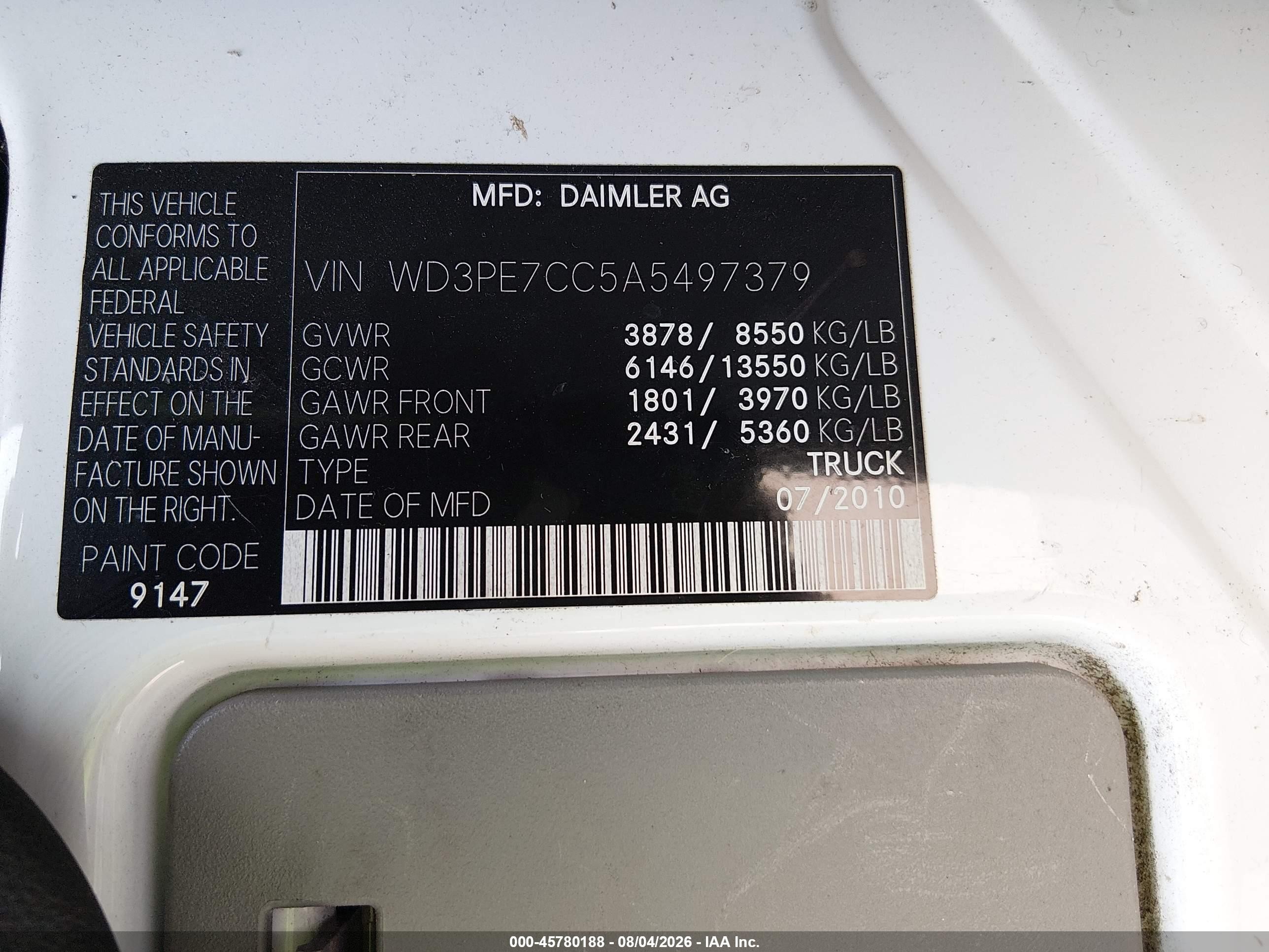 2010 Mercedes-benz Sprinter Van 2500   White vin: WD3PE7CC5A5497379