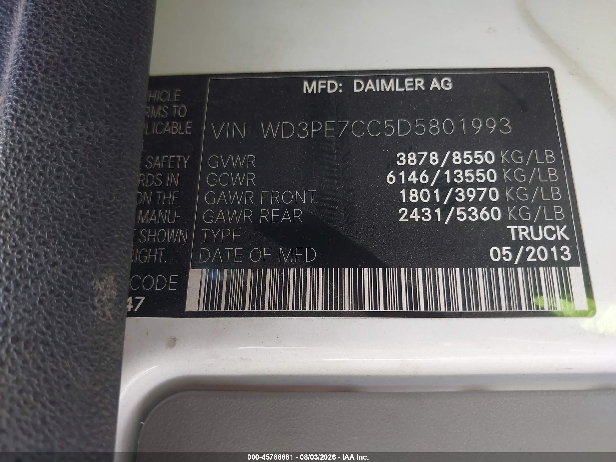 2013 Mercedes-benz Sprinter 2500 Normal Roof White vin: WD3PE7CC5D5801993