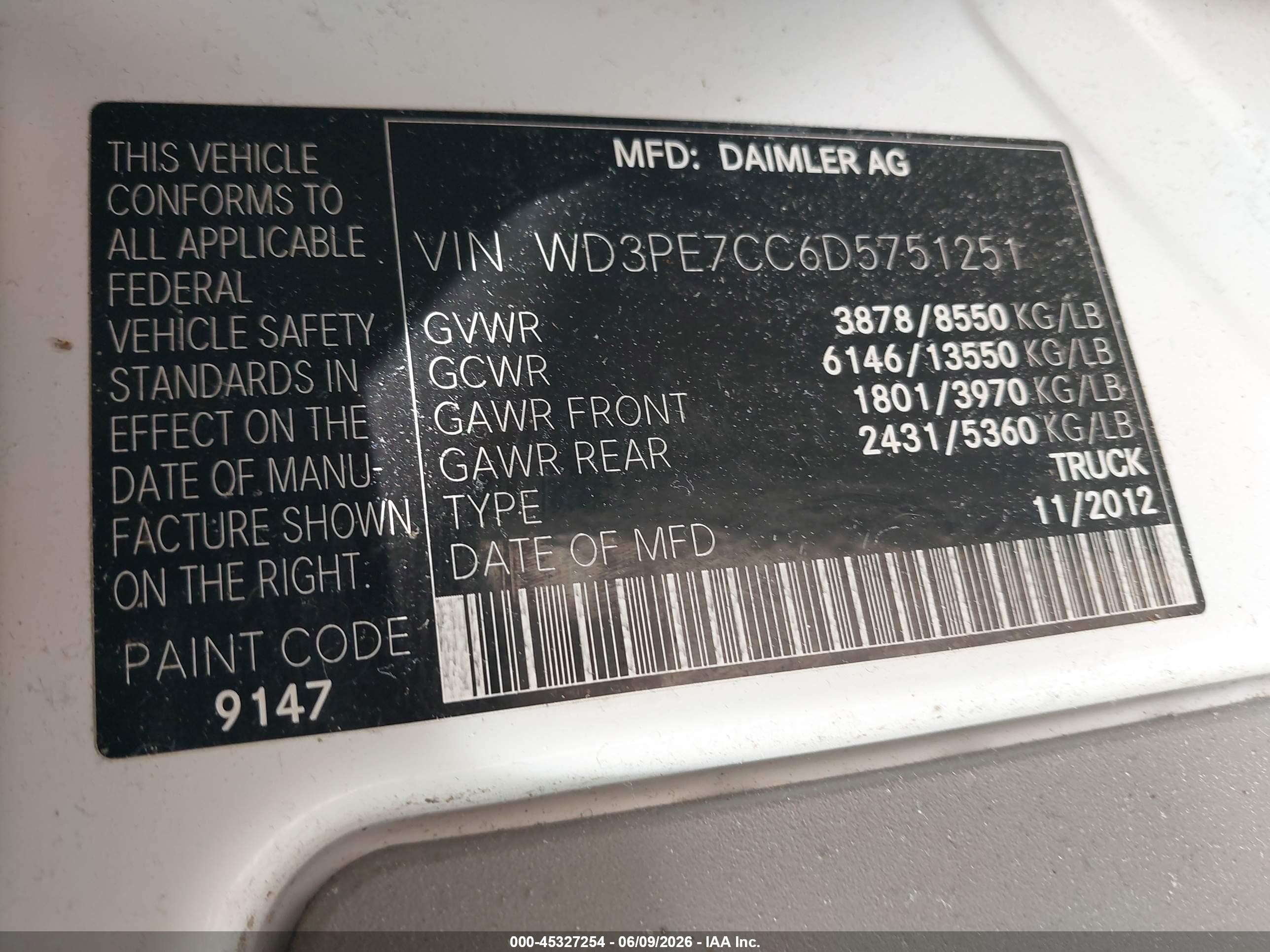 2013 Mercedes-benz Sprinter 2500 Normal Roof Black vin: WD3PE7CC6D5751251