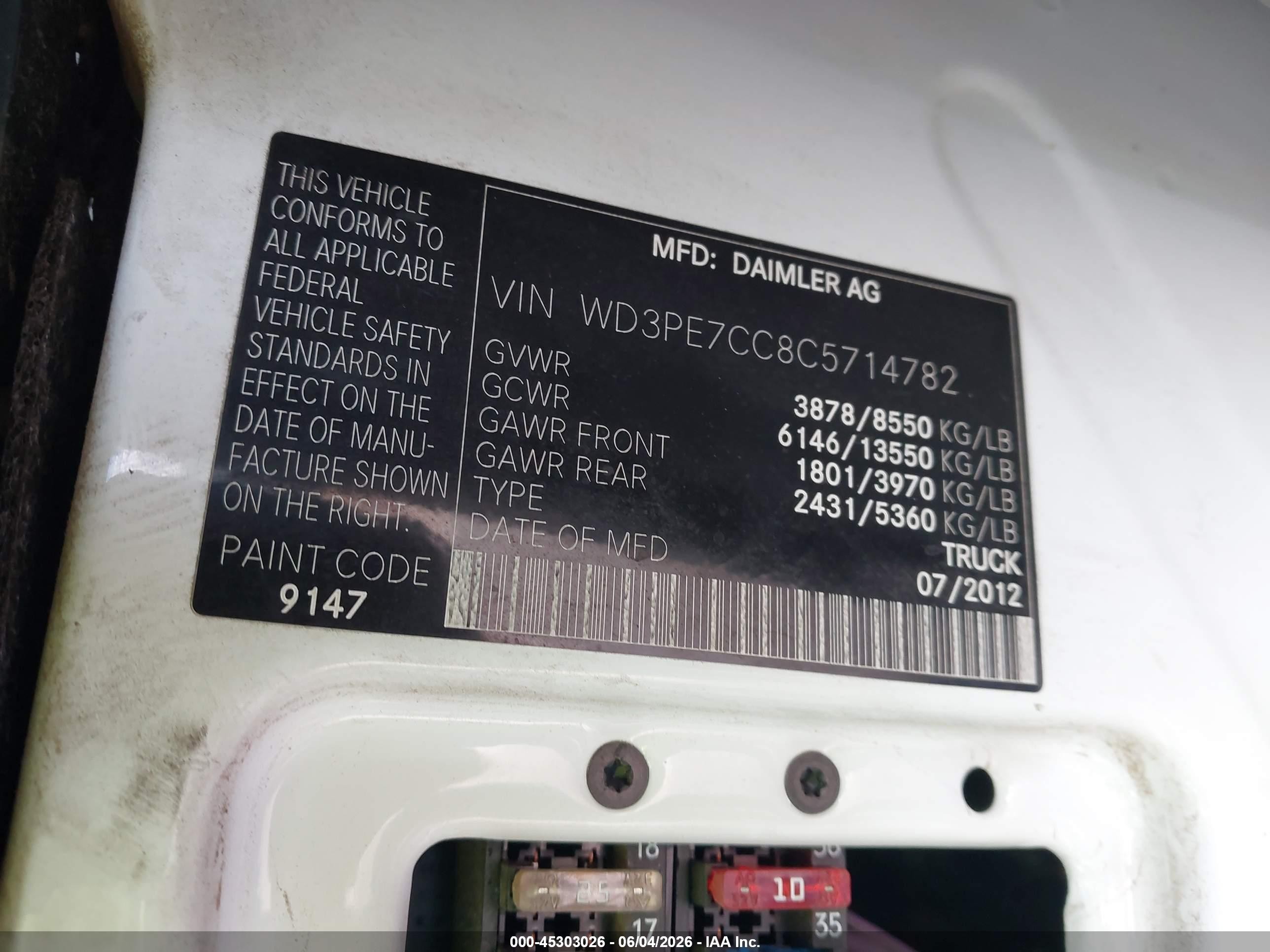 2012 Mercedes-benz Sprinter 2500 Normal Roof Белый vin: WD3PE7CC8C5714782