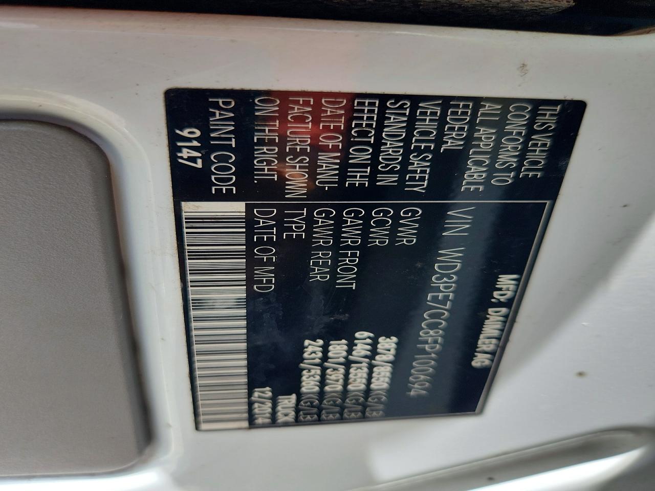 2015 Mercedes-benz Sprinter 2500 Yellow vin: WD3PE7CC8FP100694