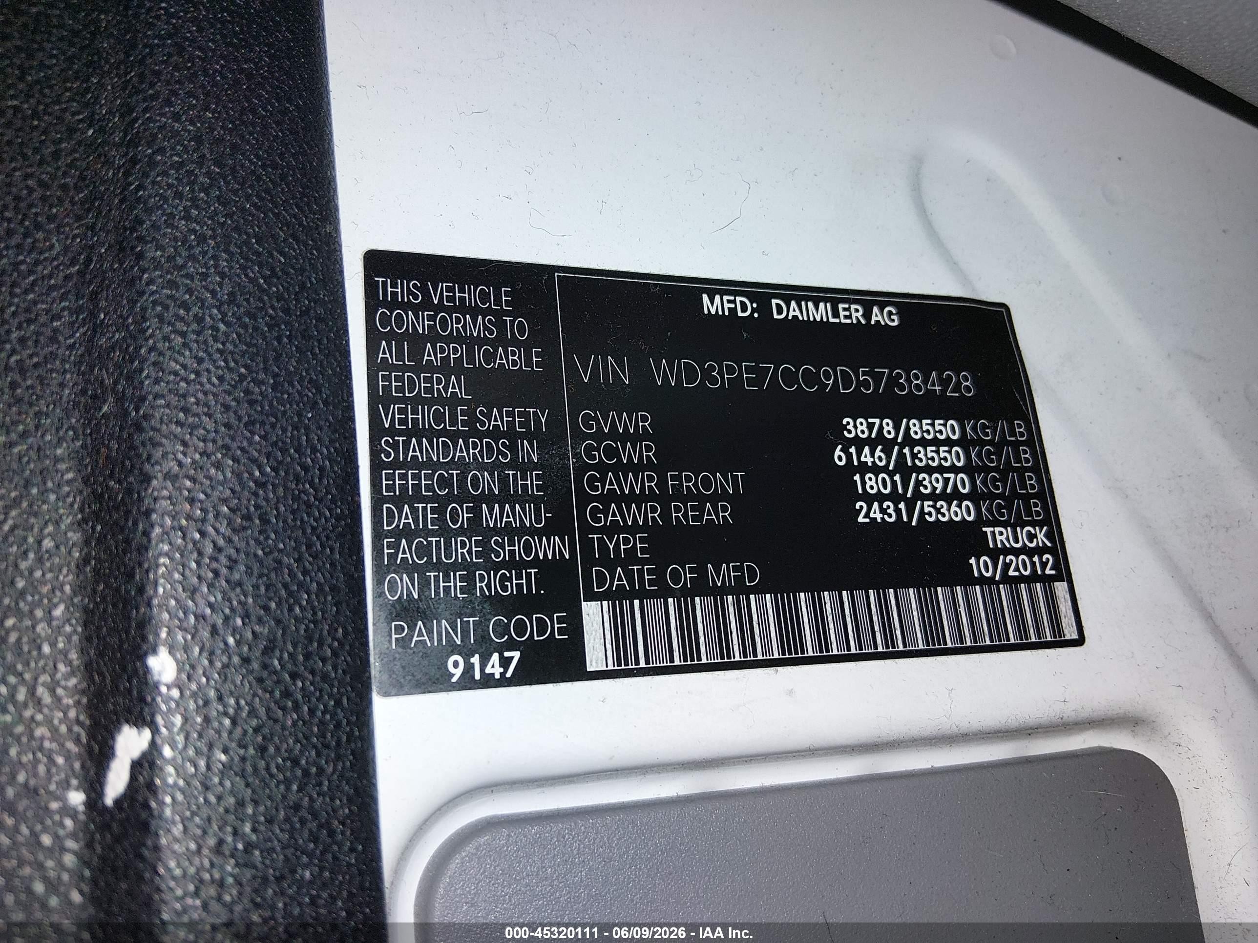 2013 Mercedes-benz Sprinter 2500 Normal Roof White vin: WD3PE7CC9D5738428