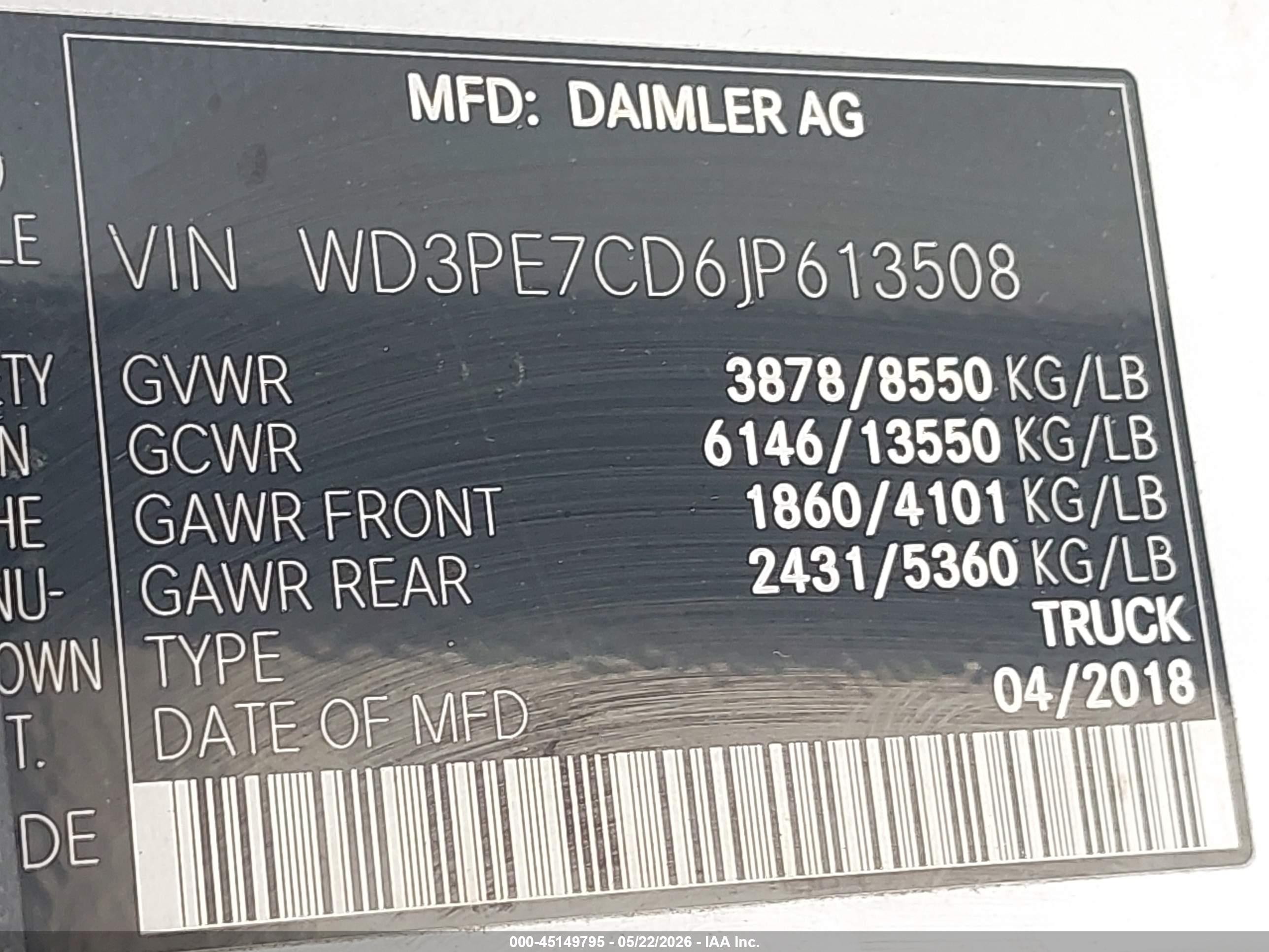 2018 Mercedes-benz Sprinter 2500 Standard Roof V6 Белый vin: WD3PE7CD6JP613508