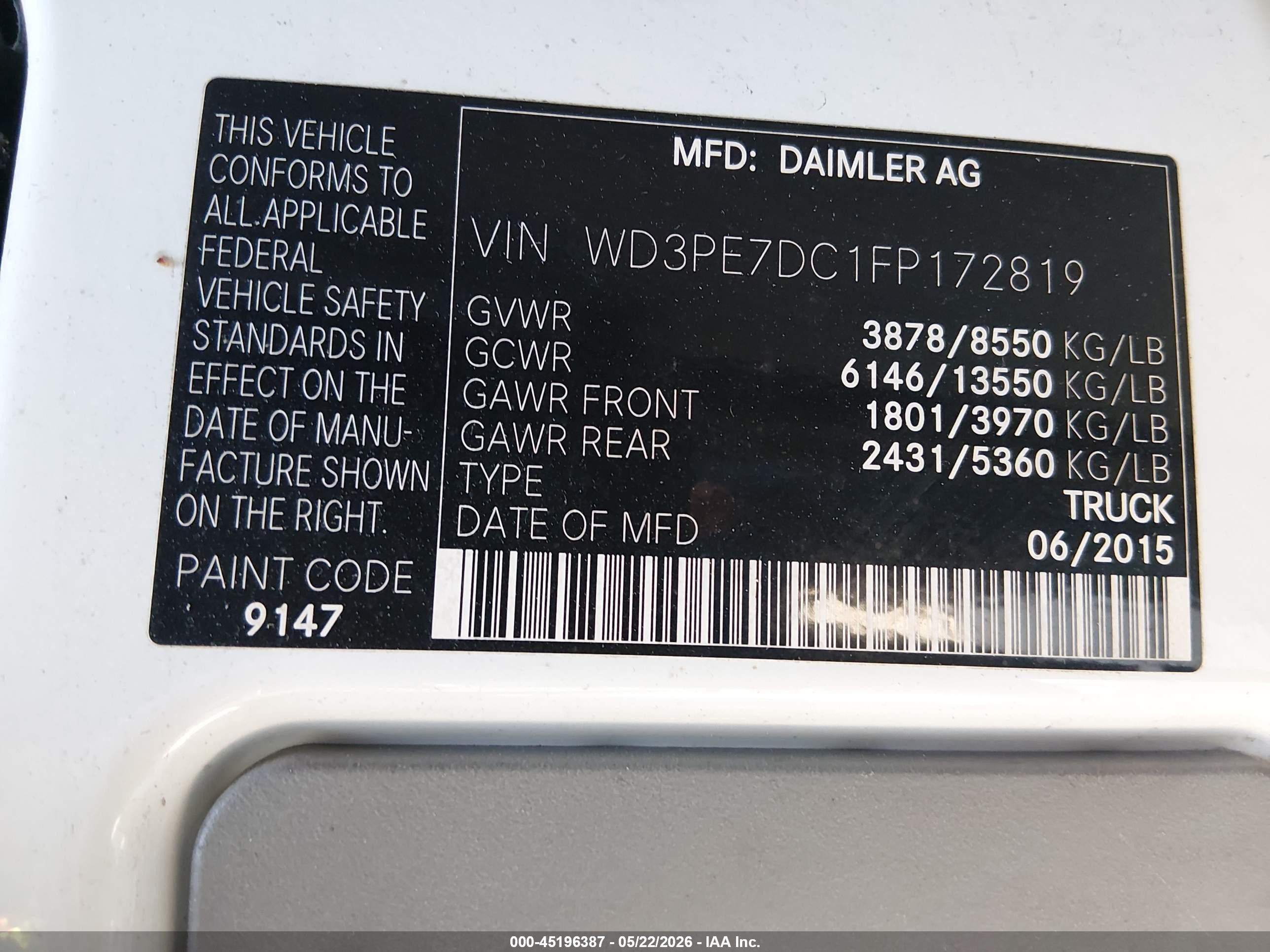 2015 Mercedes-benz Sprinter 2500 Normal Roof Белый vin: WD3PE7DC1FP172819