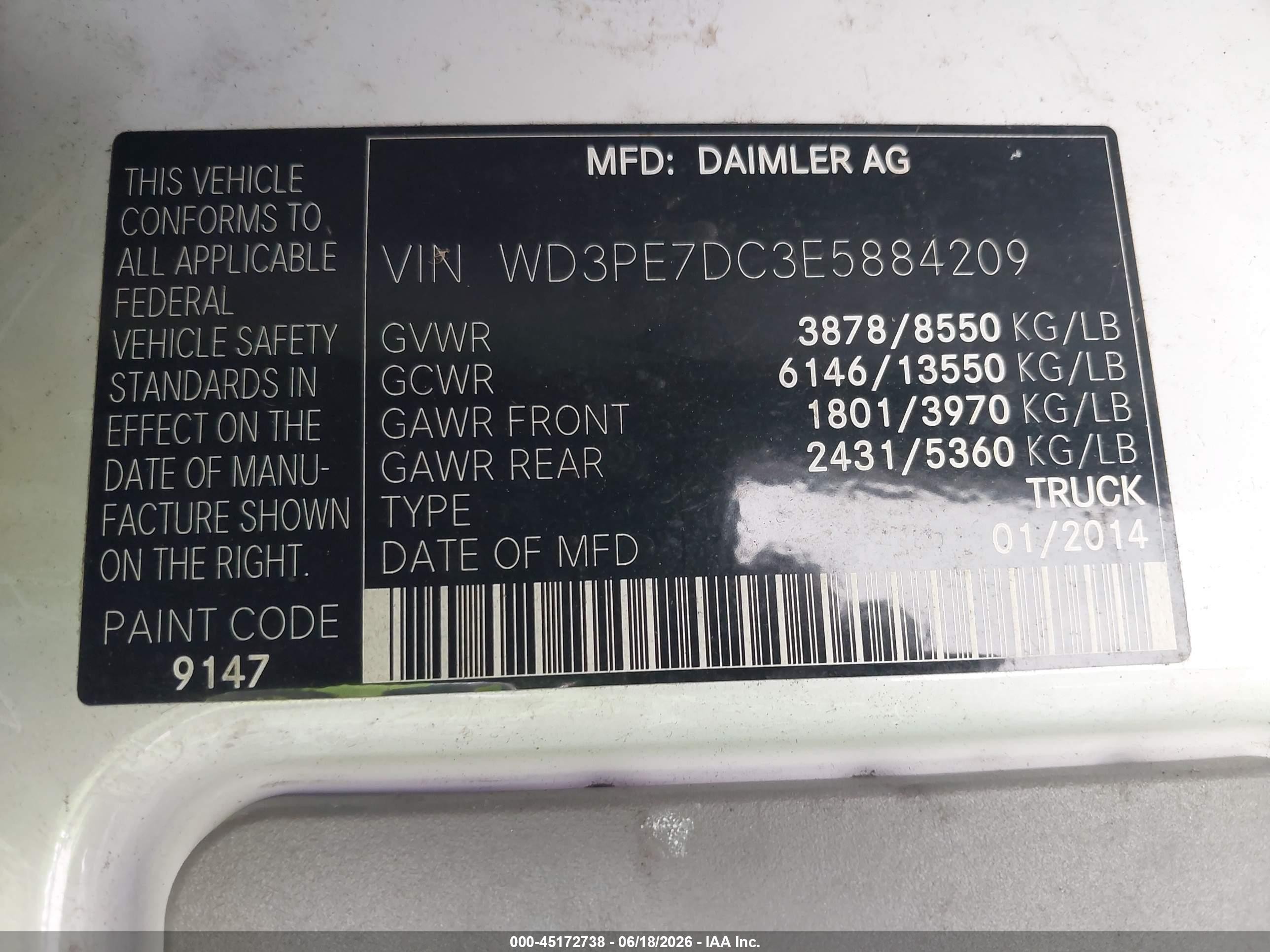 2014 Mercedes-benz Sprinter 2500 Normal Roof White vin: WD3PE7DC3E5884209