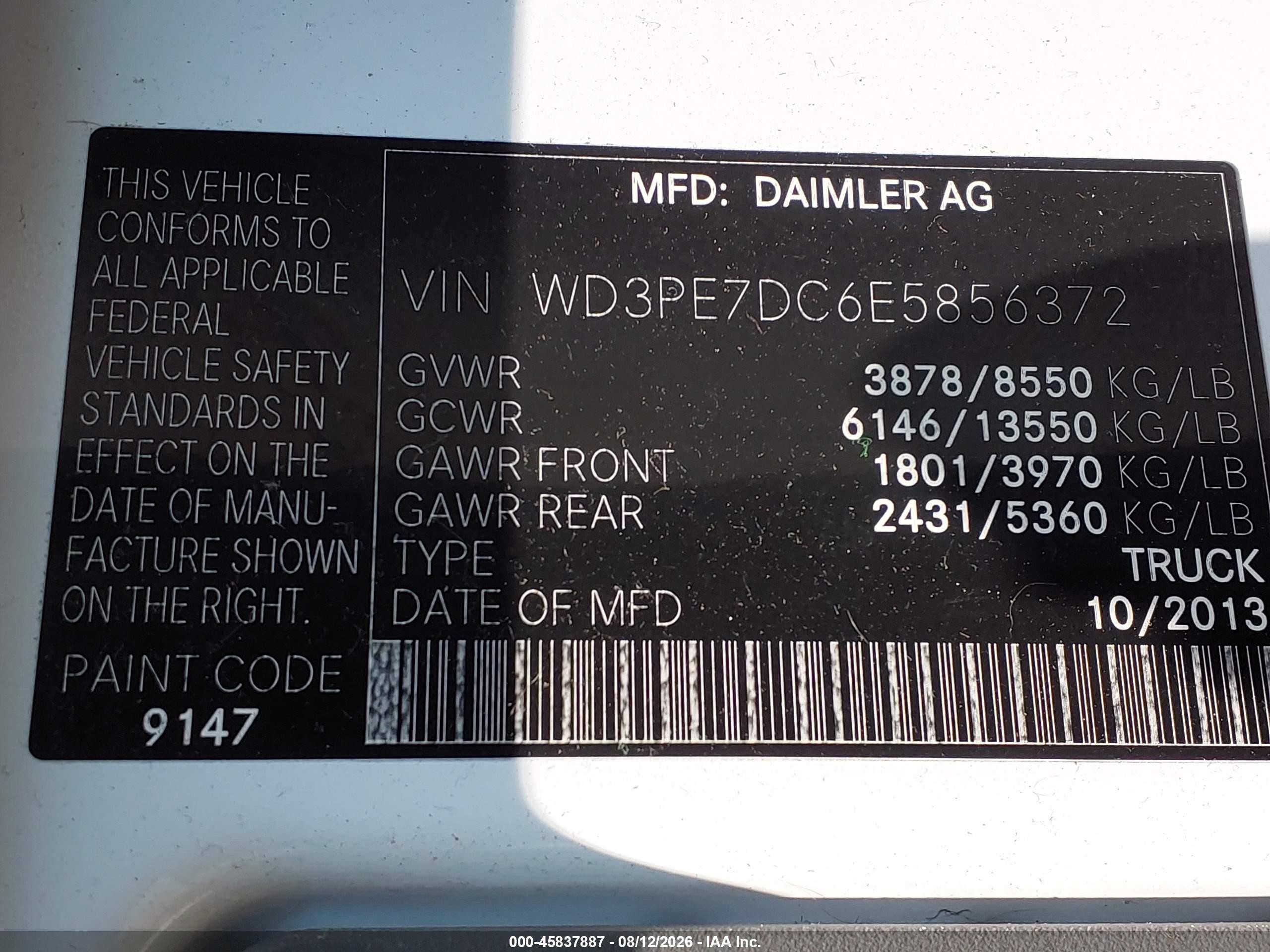 2014 Mercedes-benz Sprinter 2500 Normal Roof White vin: WD3PE7DC6E5856372