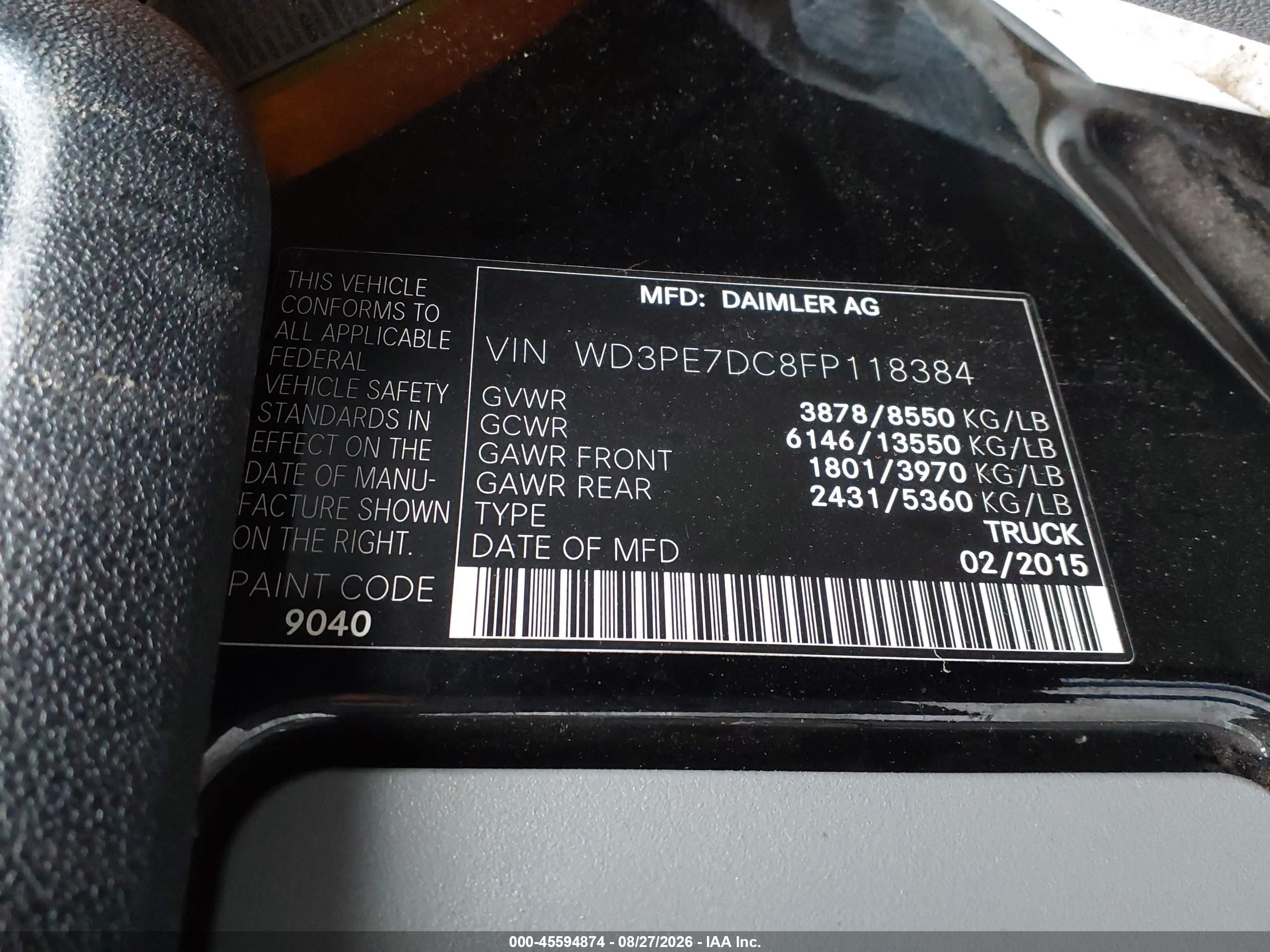 2015 Mercedes-benz Sprinter 2500 Normal Roof Черный vin: WD3PE7DC8FP118384