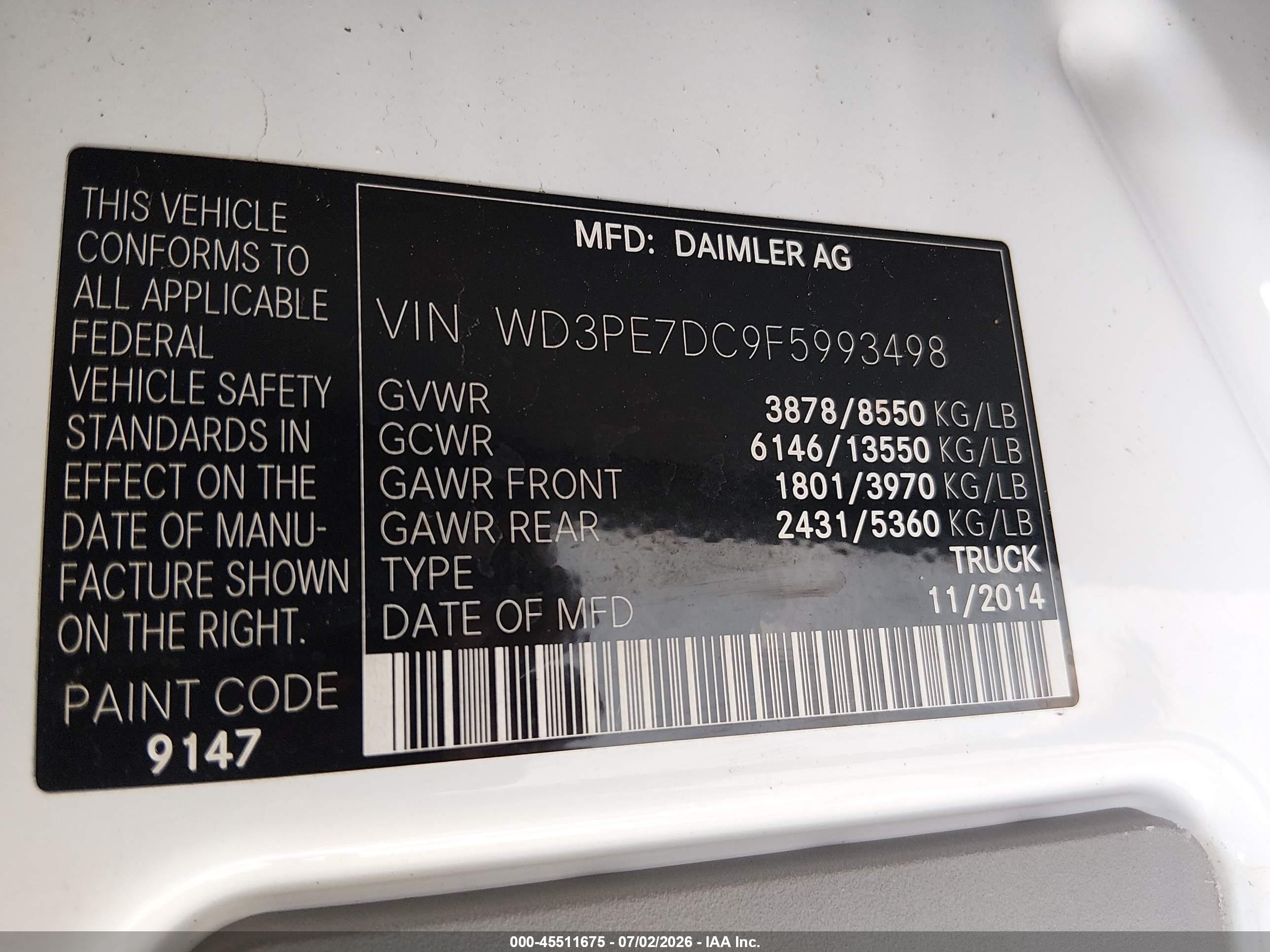 2015 Mercedes-benz Sprinter 2500 Normal Roof White vin: WD3PE7DC9F5993498