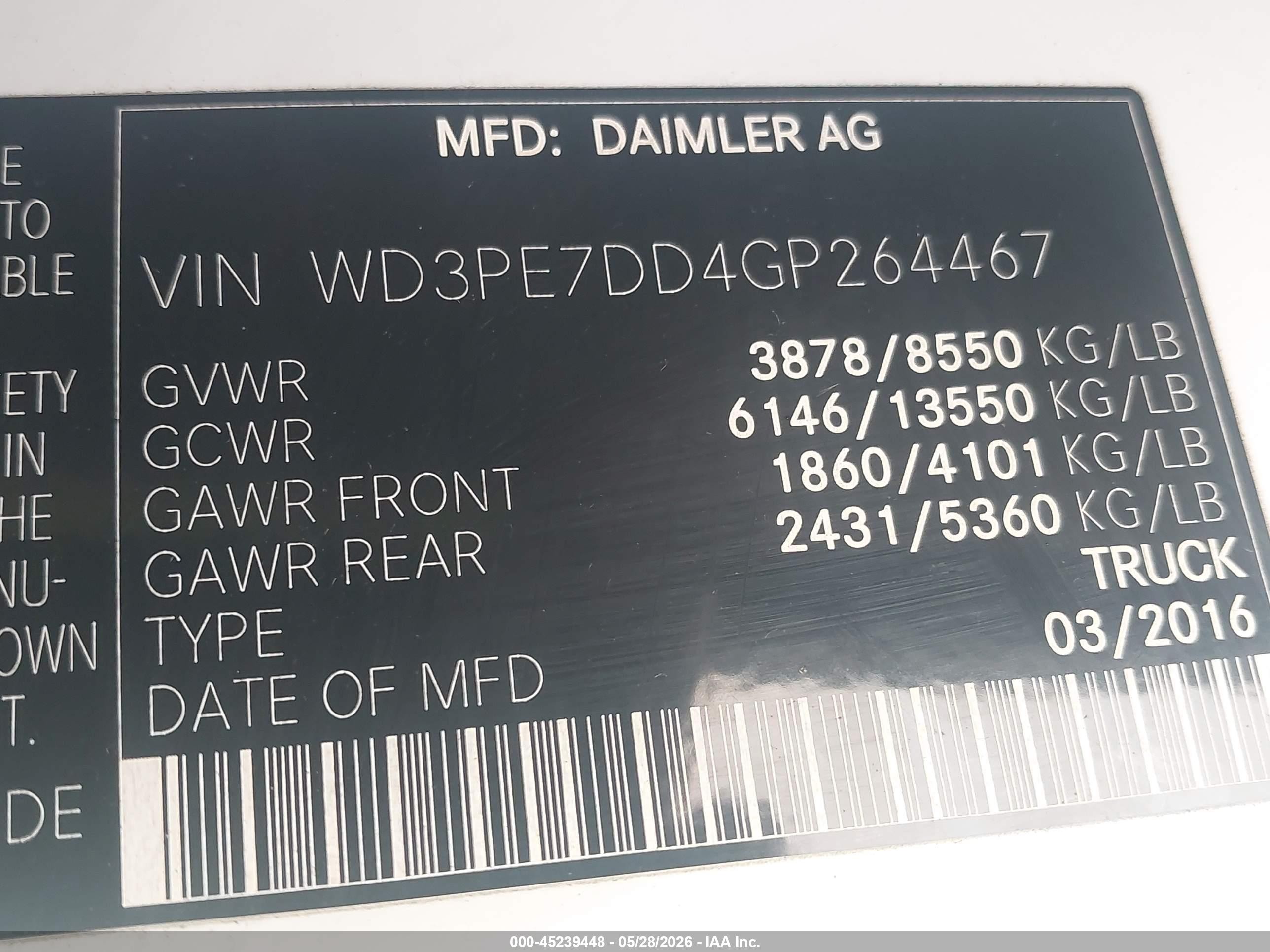 2016 Mercedes-benz Sprinter 2500 Normal Roof Белый vin: WD3PE7DD4GP264467
