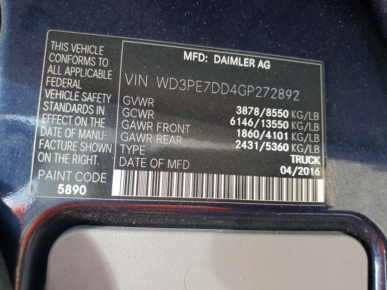 2016 Mercedes-benz Sprinter 2500 Blue vin: WD3PE7DD4GP272892