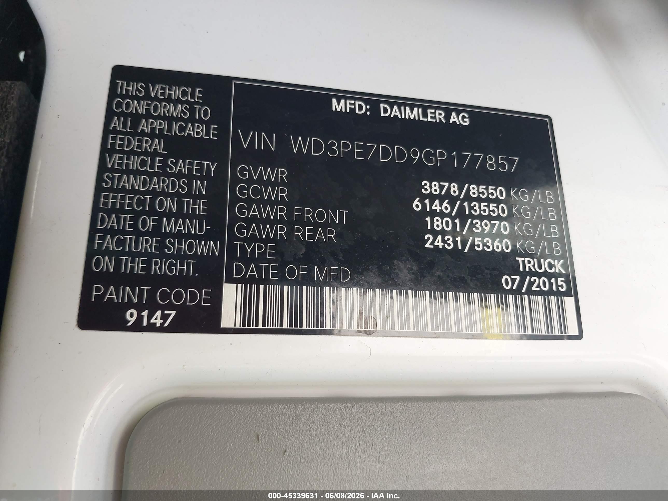 2016 Mercedes-benz Sprinter 2500 Normal Roof White vin: WD3PE7DD9GP177857