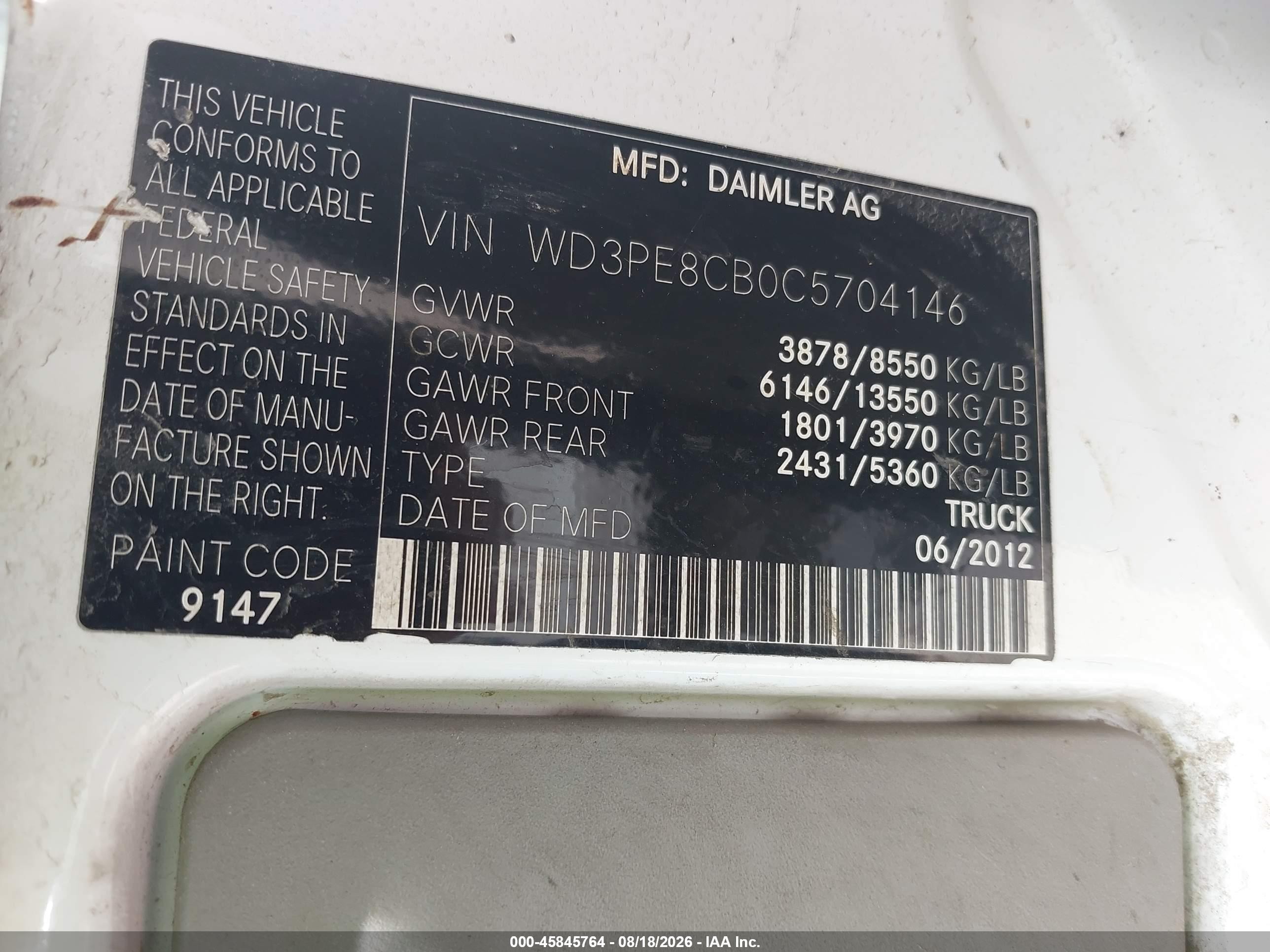 2012 Mercedes-benz Sprinter 2500 High Roof White vin: WD3PE8CB0C5704146