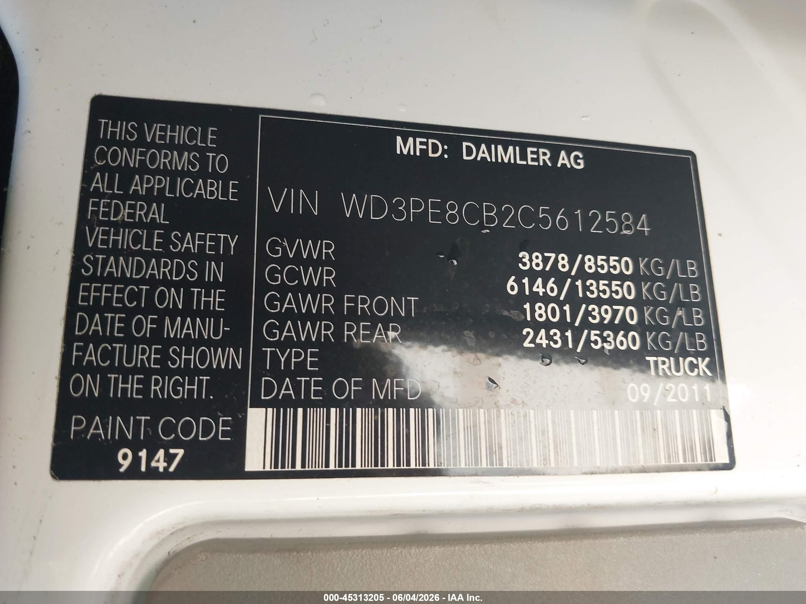 2012 Mercedes-benz Sprinter 2500 High Roof Белый vin: WD3PE8CB2C5612584