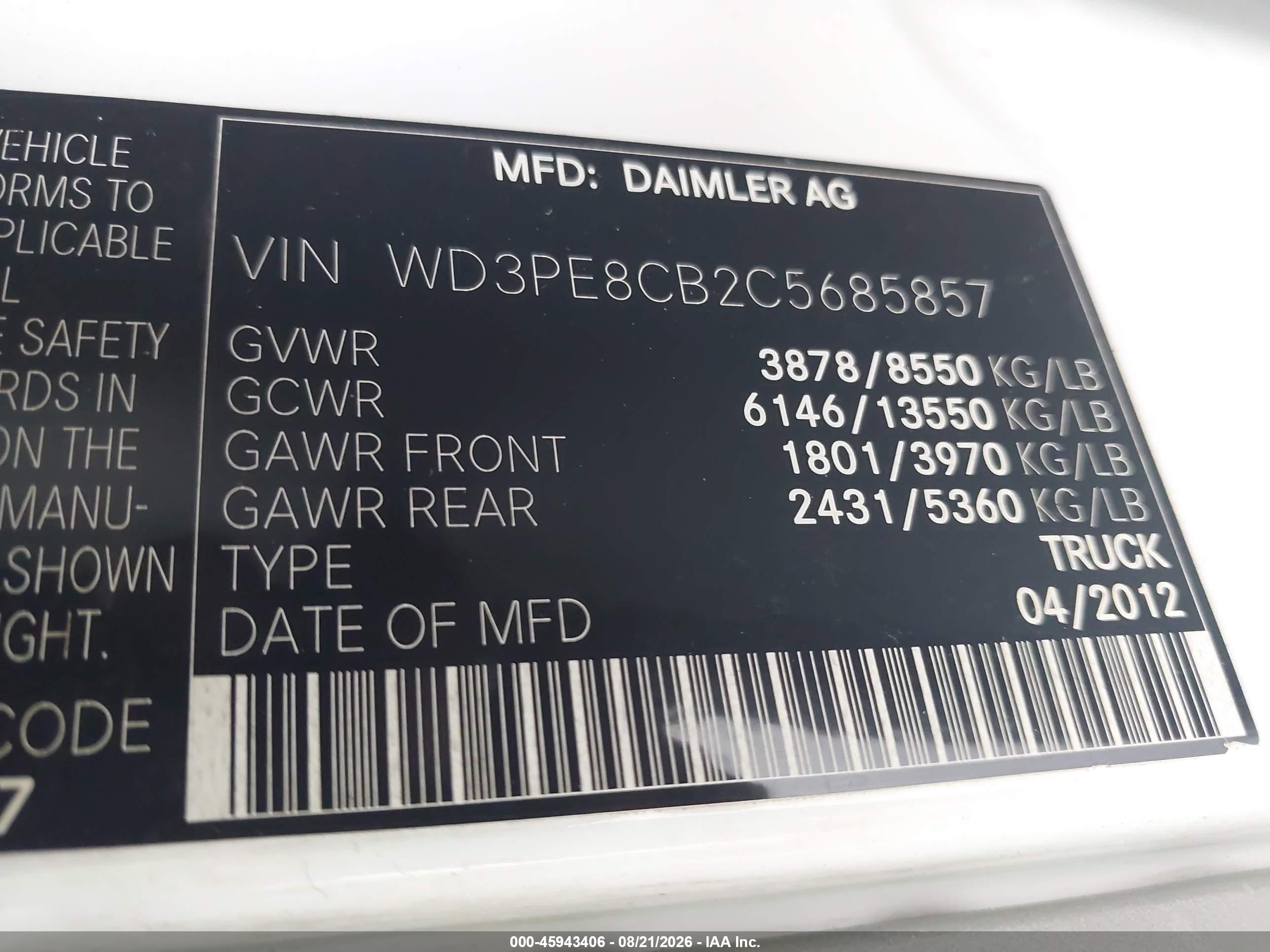 2012 Mercedes-benz Sprinter 2500 High Roof White vin: WD3PE8CB2C5685857