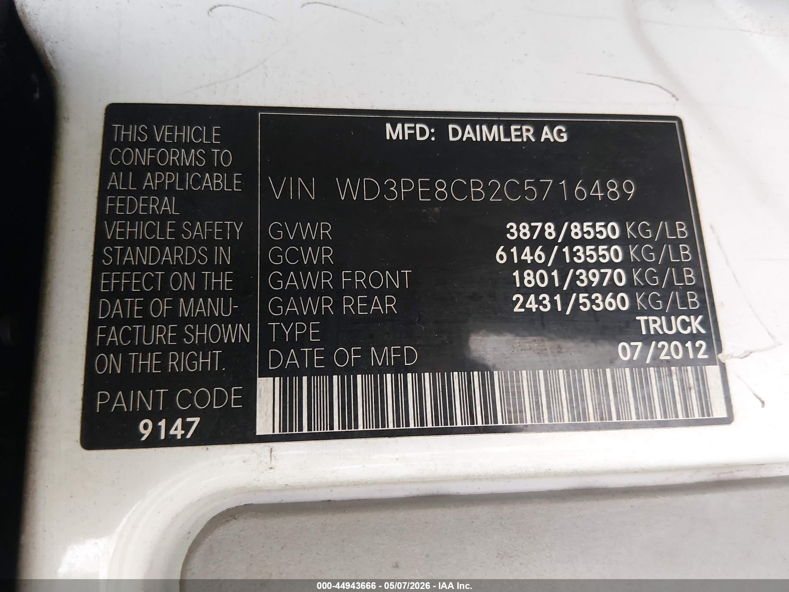2012 Mercedes-benz Sprinter 2500 High Roof White vin: WD3PE8CB2C5716489