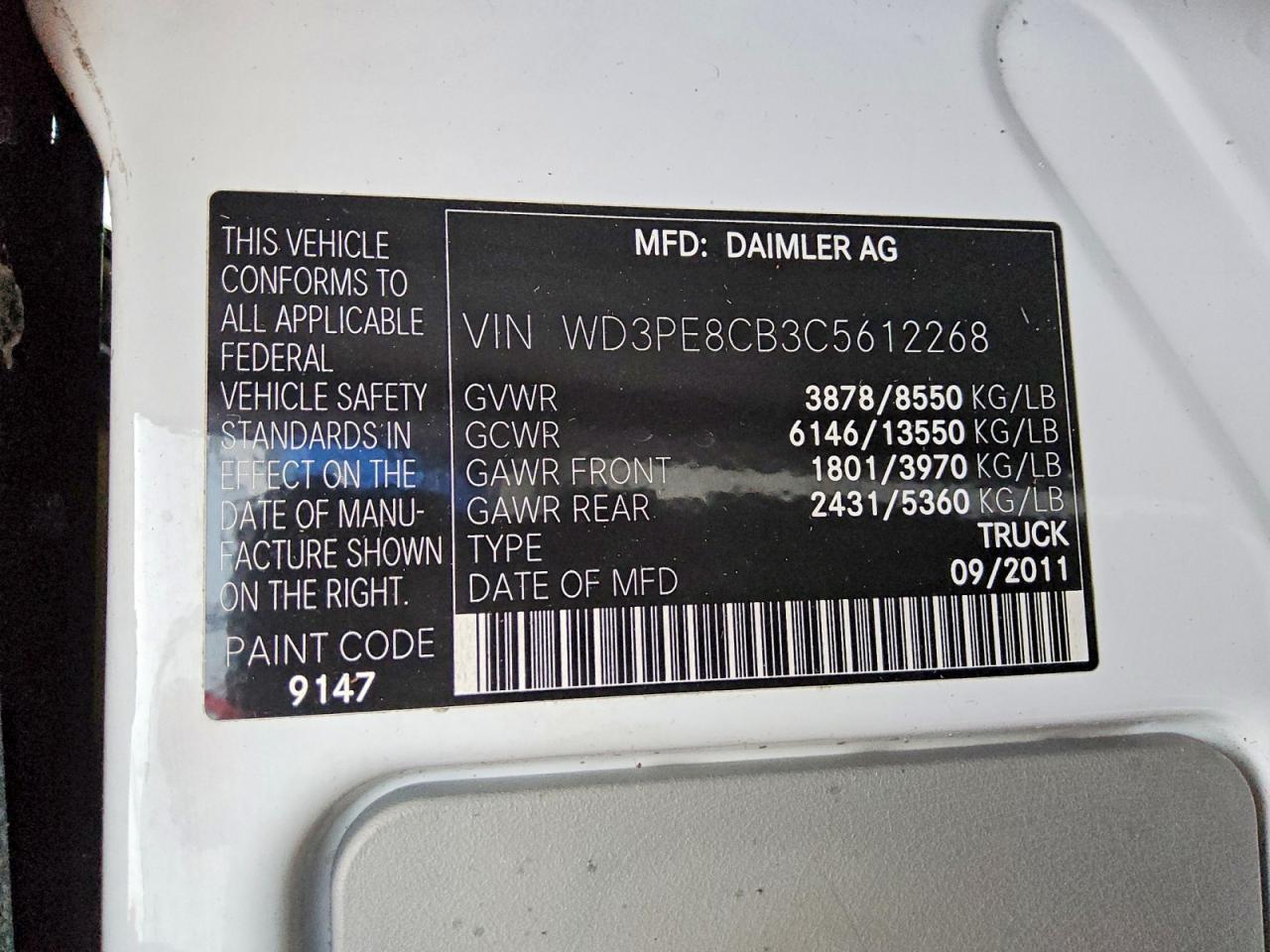 2012 Mercedes-benz Sprinter 2500 White vin: WD3PE8CB3C5612268