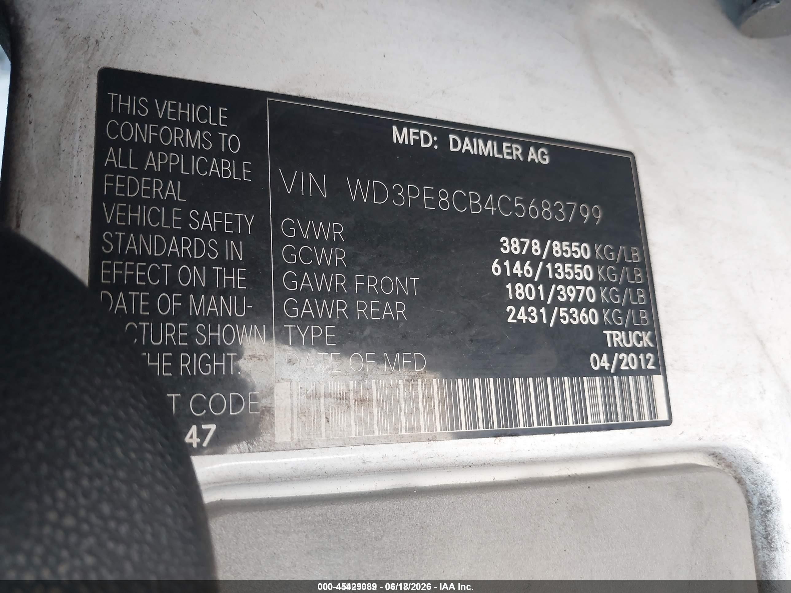 2012 Mercedes-benz Sprinter 2500 High Roof Белый vin: WD3PE8CB4C5683799