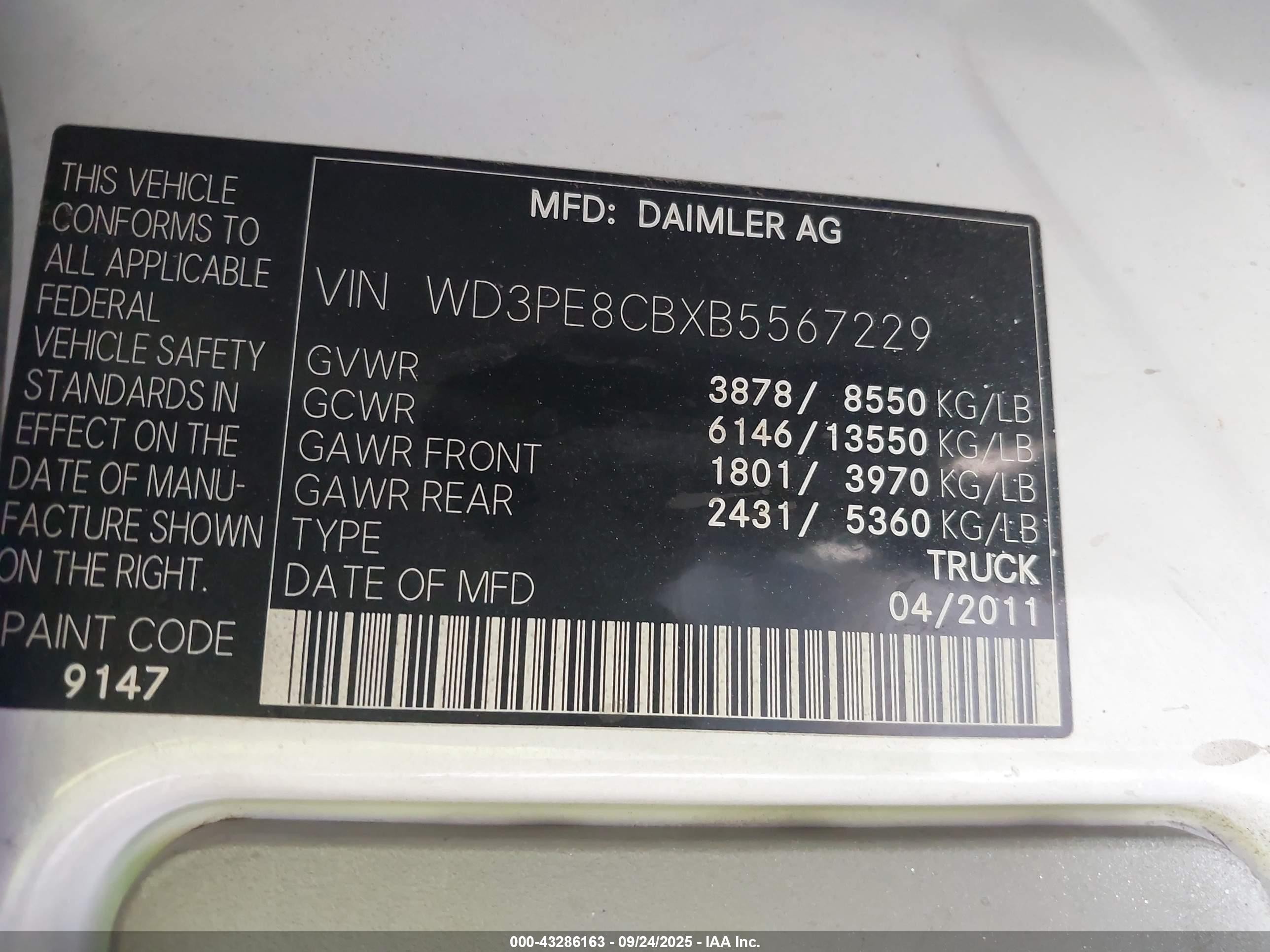 2011 Mercedes-benz Sprinter 2500 High Roof White vin: WD3PE8CBXB5567229