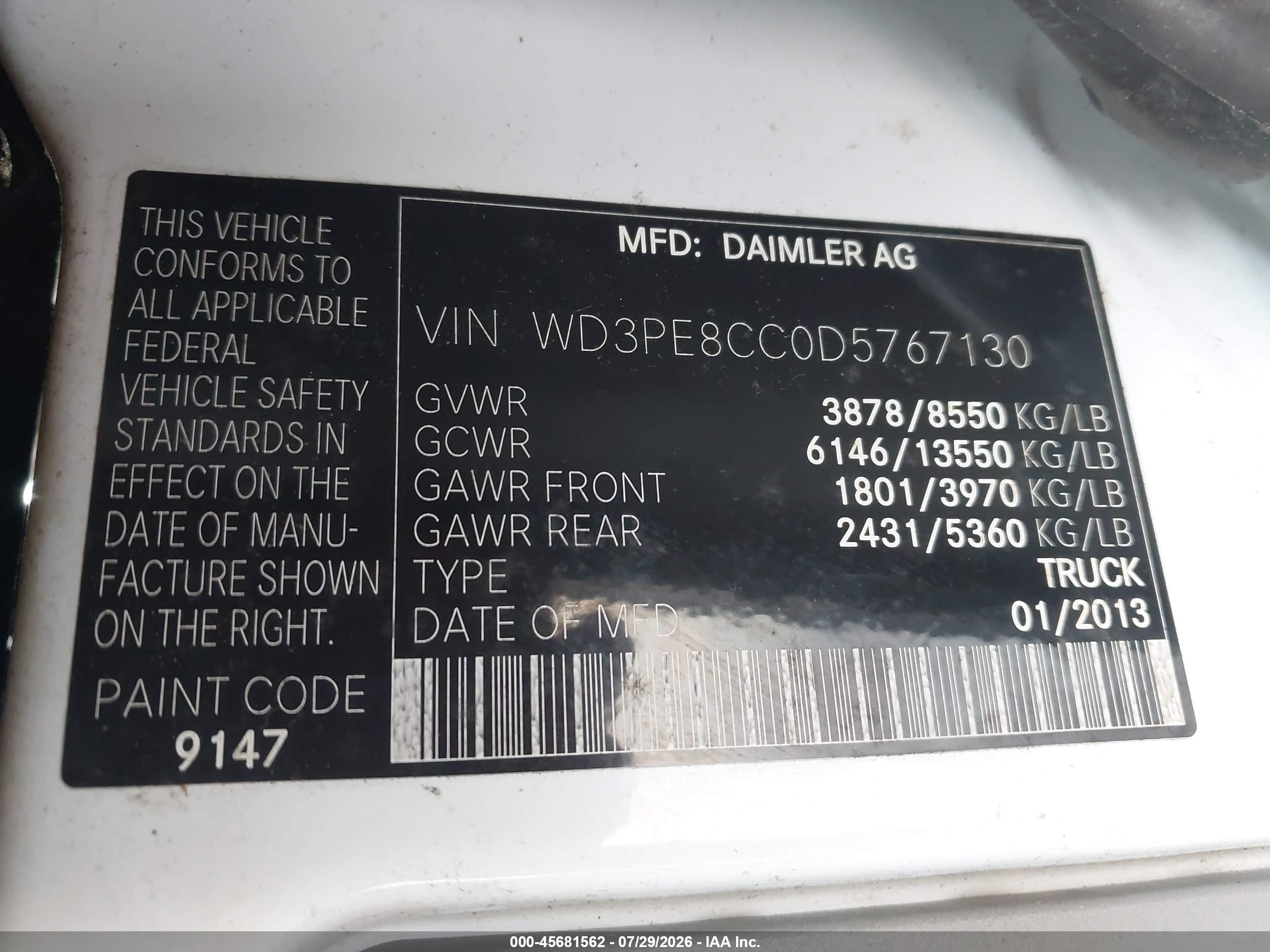 2013 Mercedes-benz Sprinter 2500 High Roof White vin: WD3PE8CC0D5767130