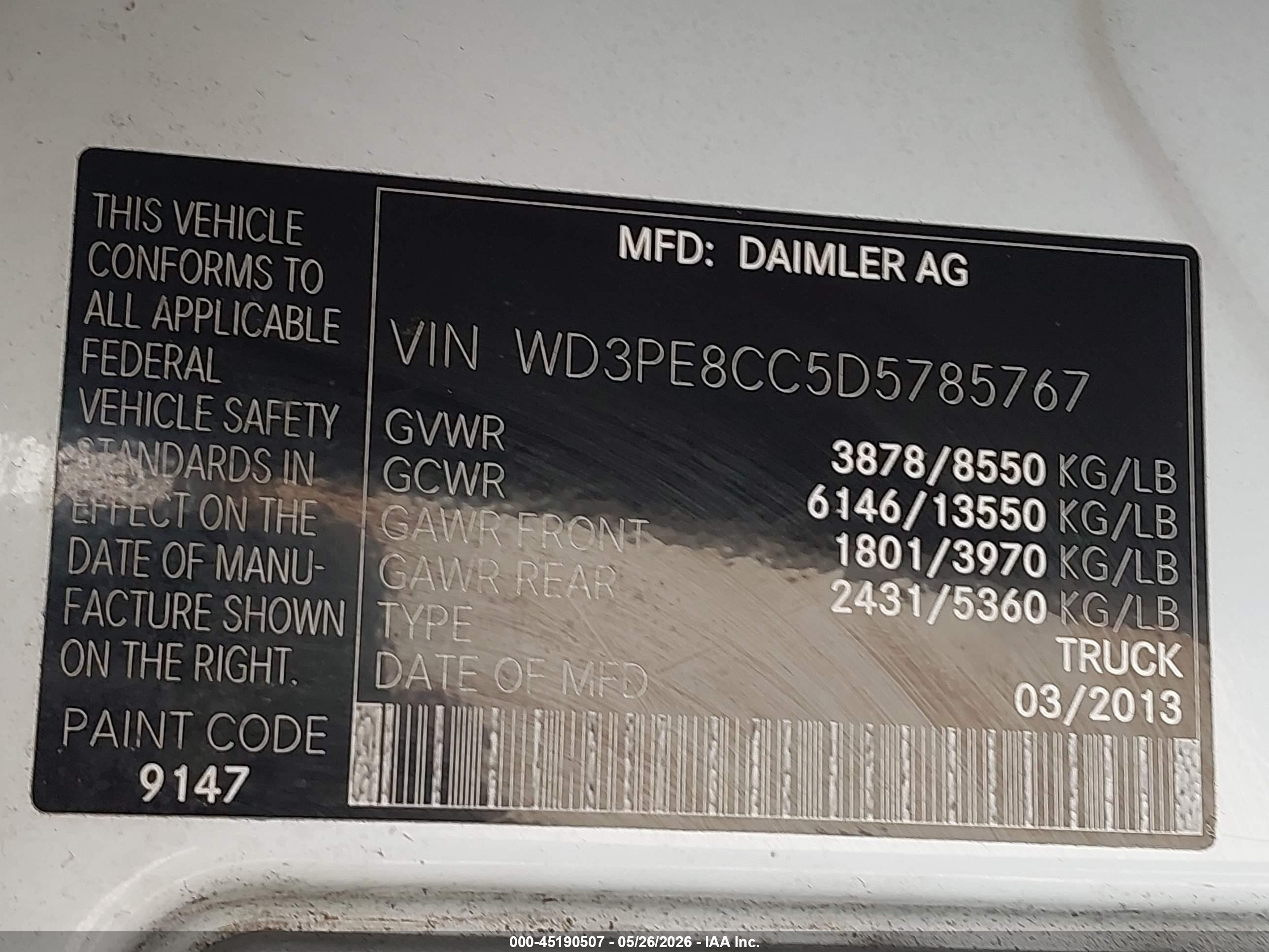 2013 Mercedes-benz Sprinter 2500 High Roof White vin: WD3PE8CC5D5785767