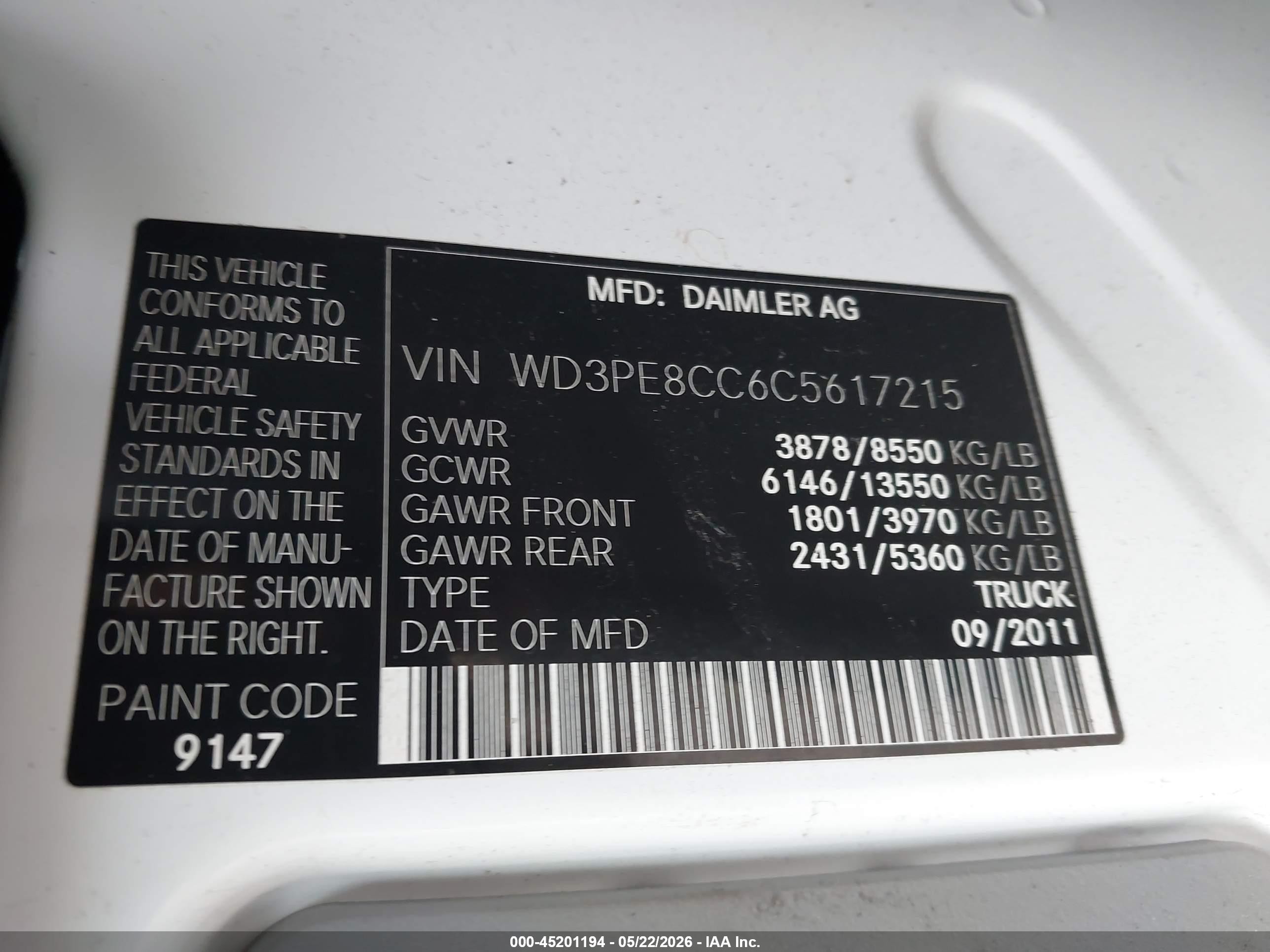 2012 Mercedes-benz Sprinter 2500 High Roof Белый vin: WD3PE8CC6C5617215