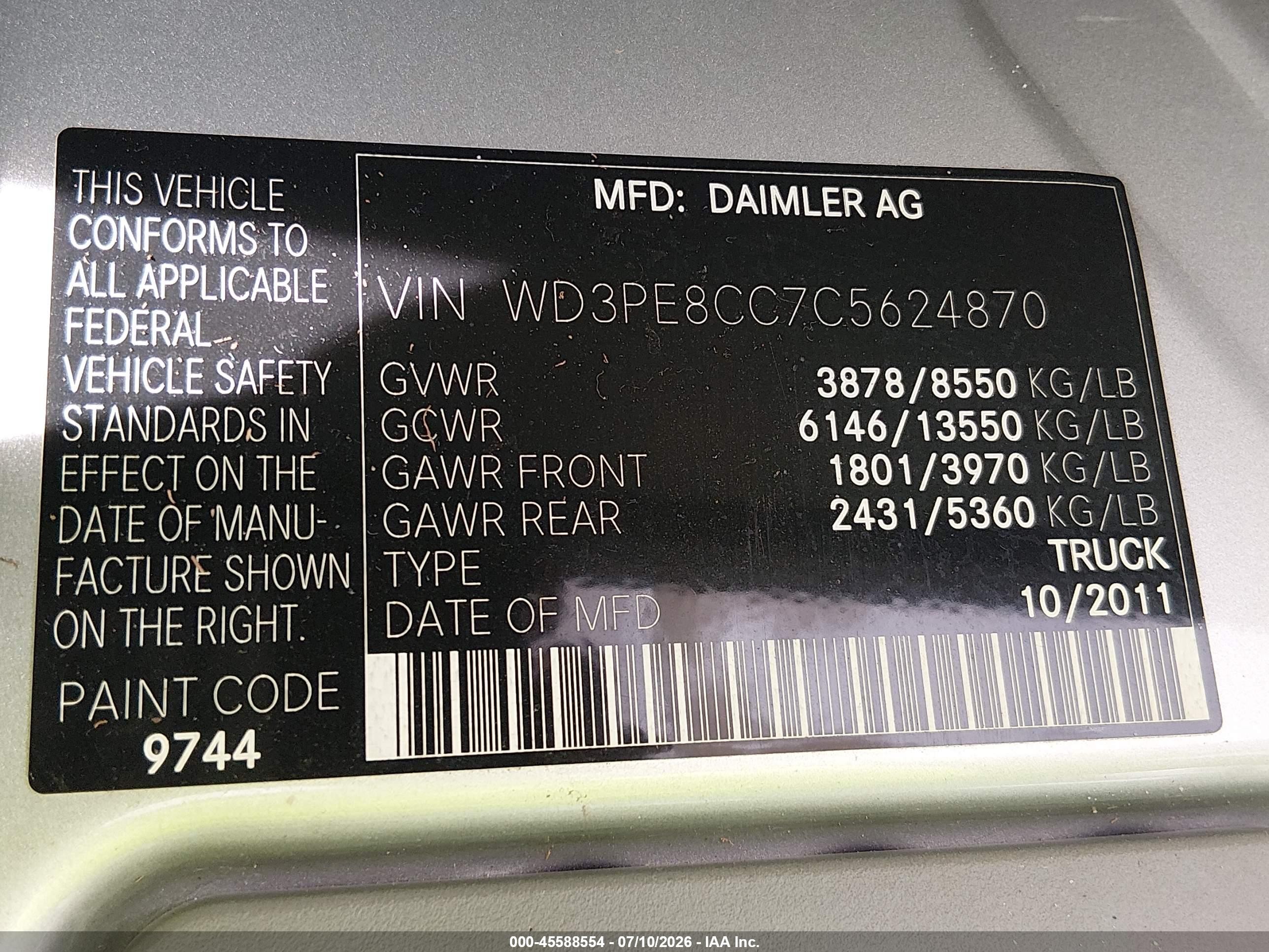 2012 Mercedes-benz Sprinter 2500 High Roof Silver vin: WD3PE8CC7C5624870