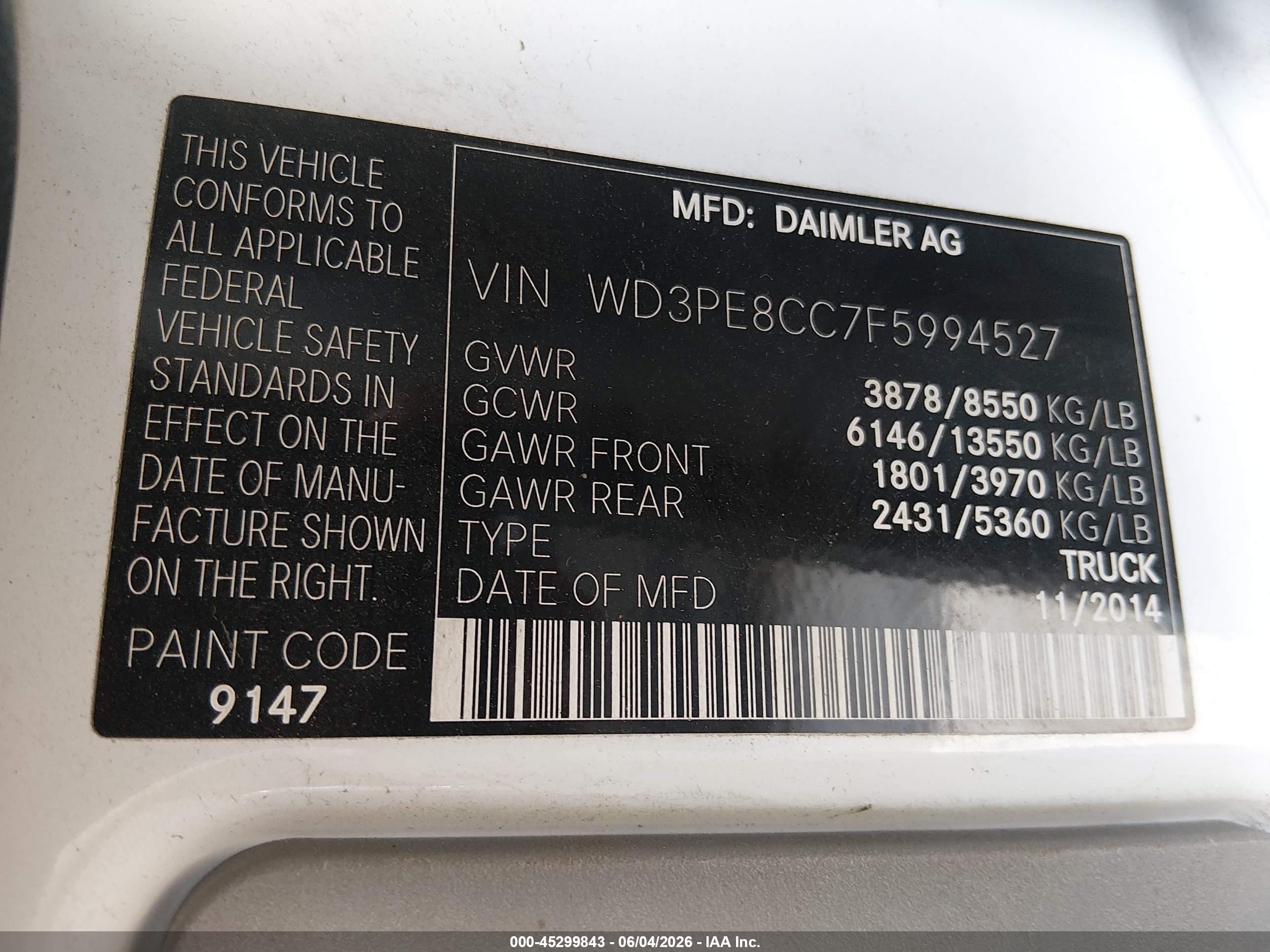 2015 Mercedes-benz Sprinter 2500 High Roof White vin: WD3PE8CC7F5994527