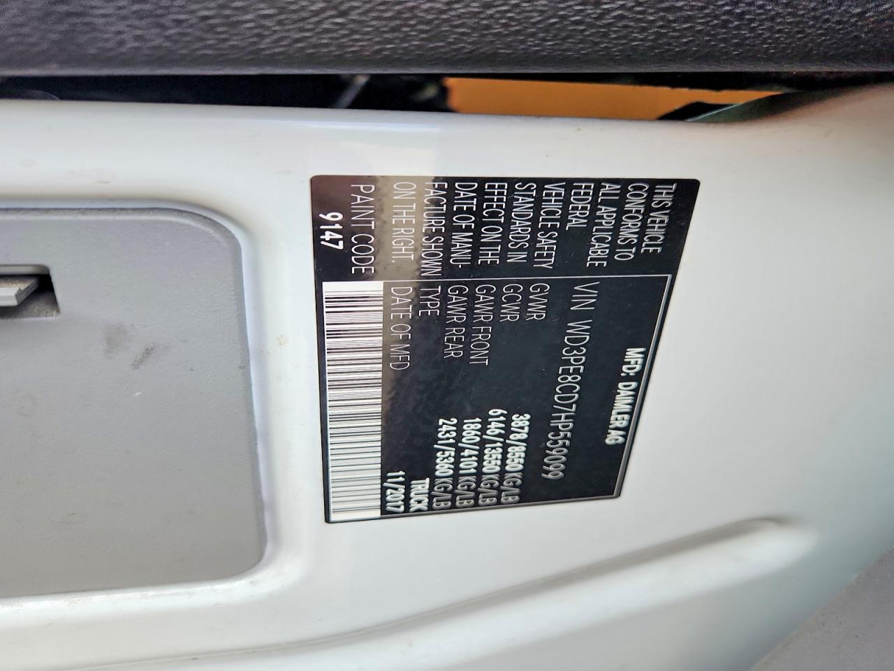 2017 Mercedes-benz Sprinter 2500 Белый vin: WD3PE8CD7HP559099