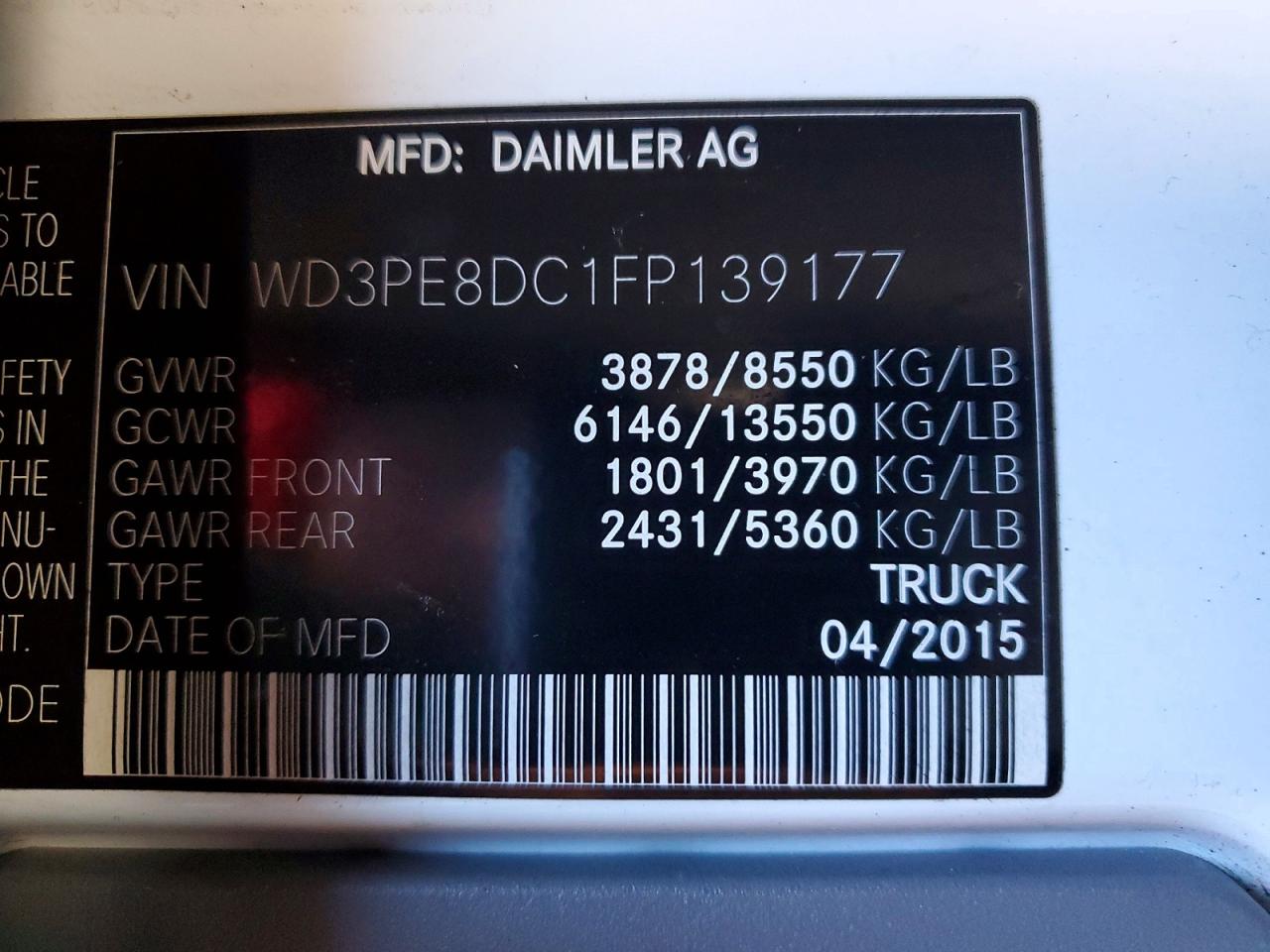 2015 Mercedes-benz Sprinter 2500 White vin: WD3PE8DC1FP139177
