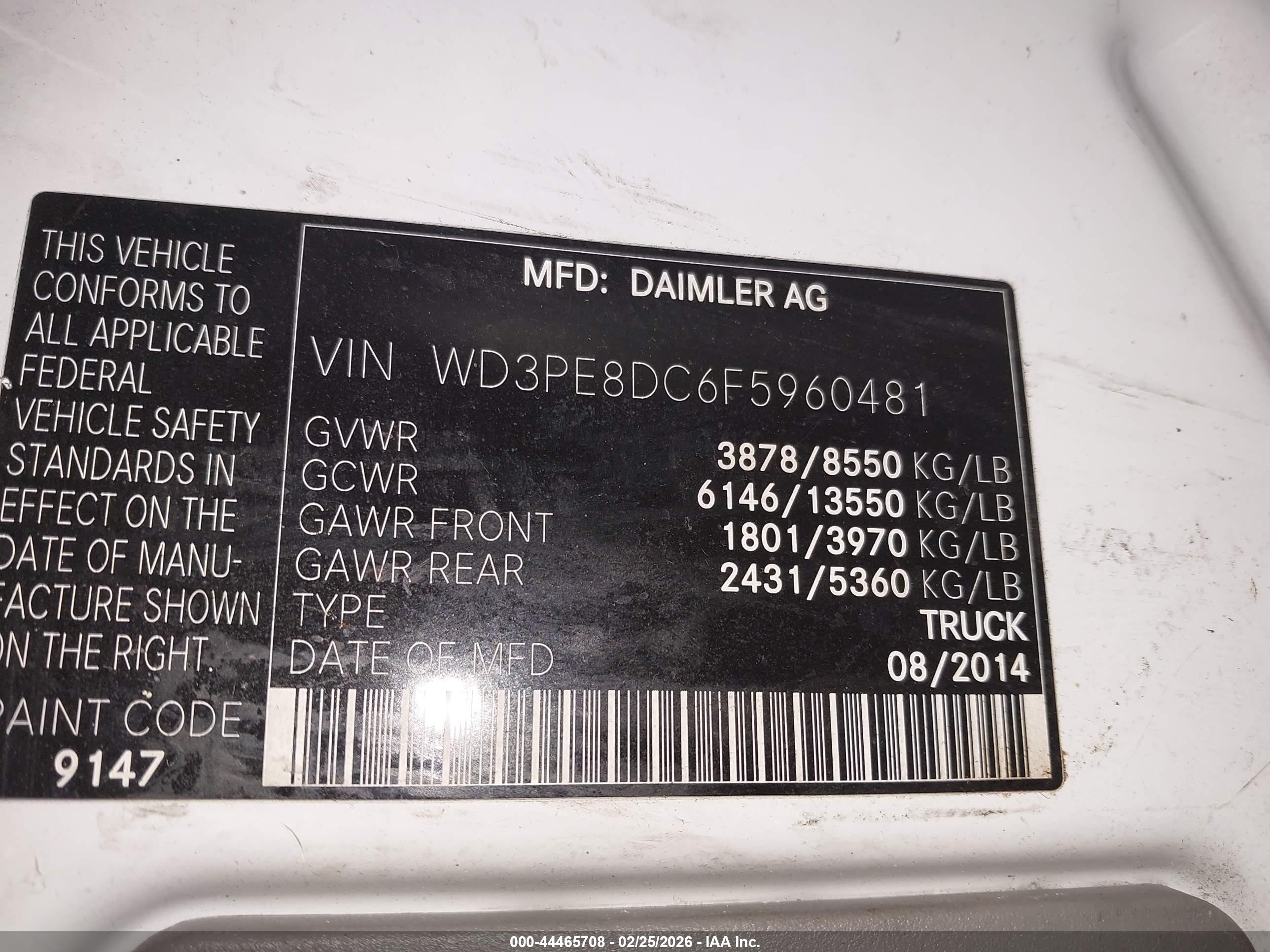 2015 Mercedes-benz Sprinter 2500 High Roof Белый vin: WD3PE8DC6F5960481