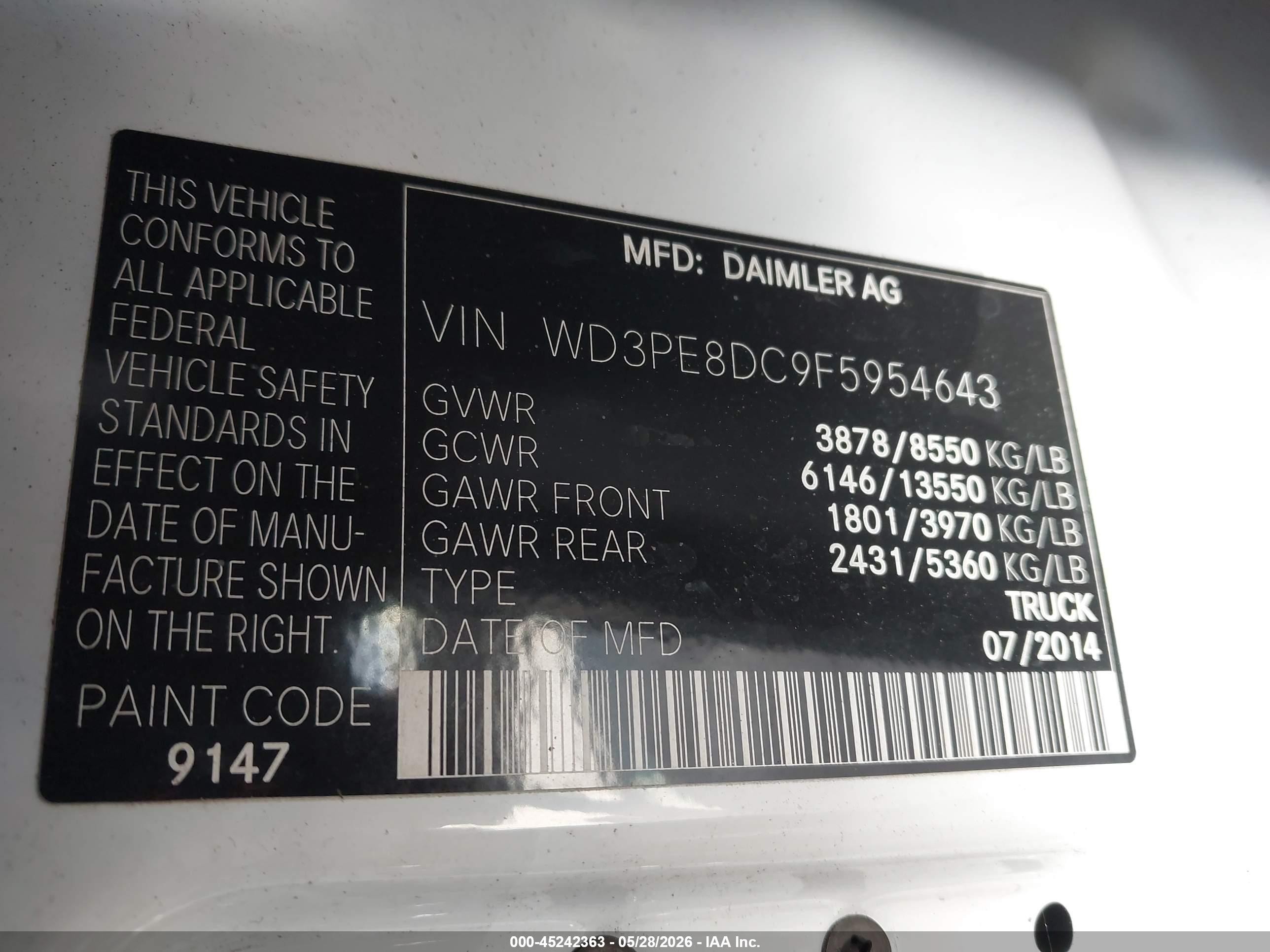 2015 Mercedes-benz Sprinter 2500 High Roof Белый vin: WD3PE8DC9F5954643