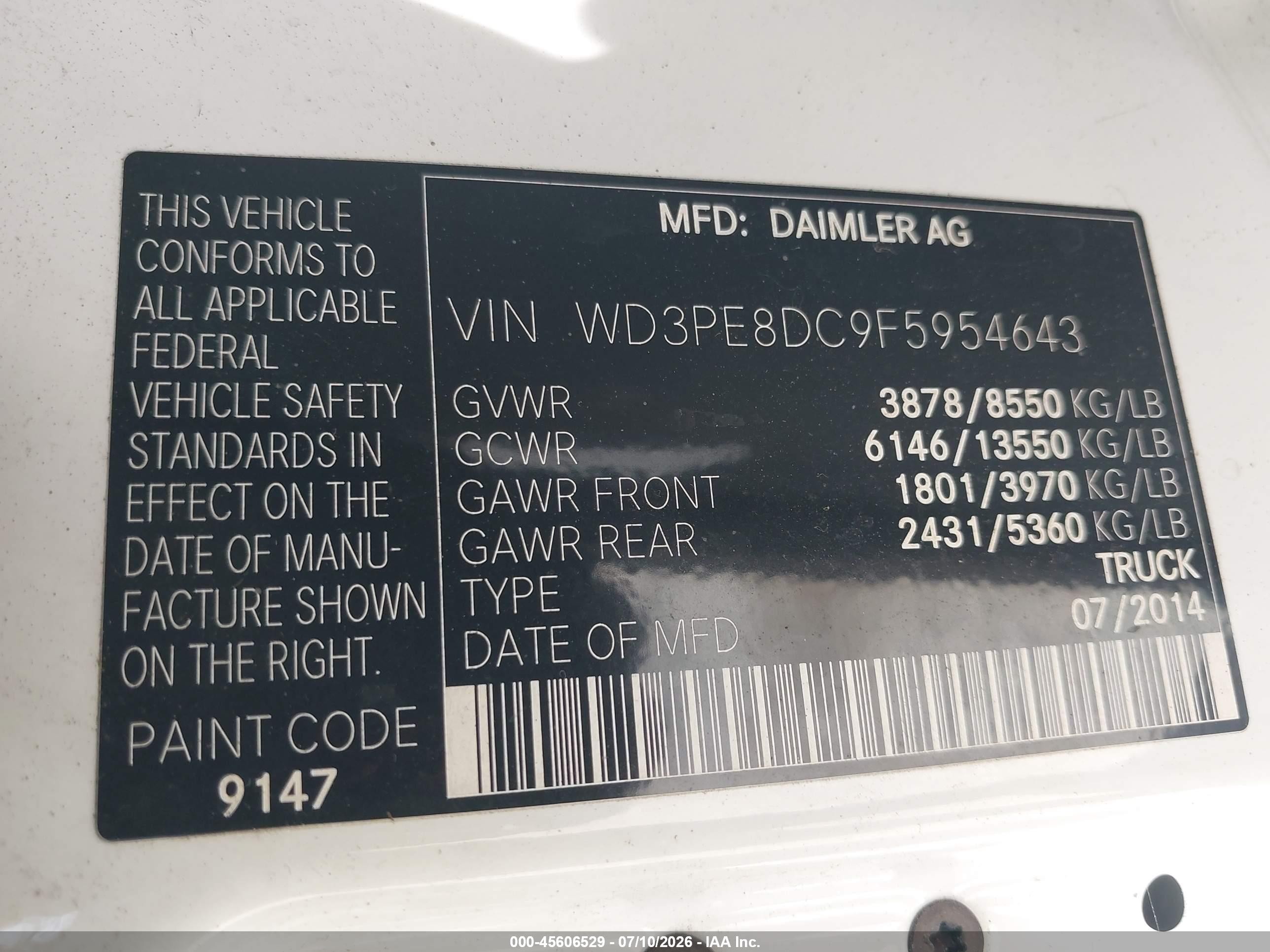 2015 Mercedes-benz Sprinter 2500 High Roof White vin: WD3PE8DC9F5954643