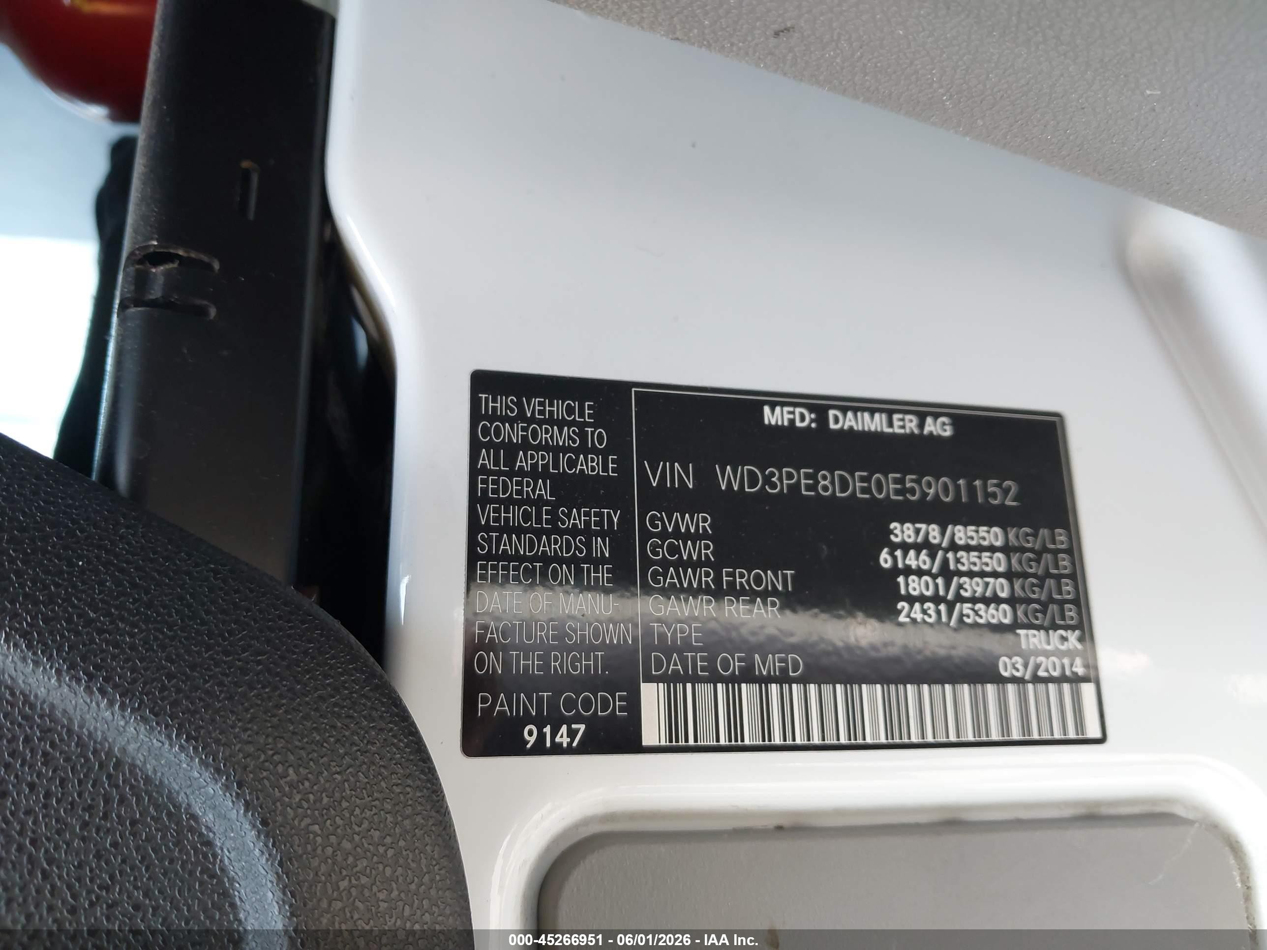 2014 Mercedes-benz Sprinter 2500 High Roof White vin: WD3PE8DE0E5901152
