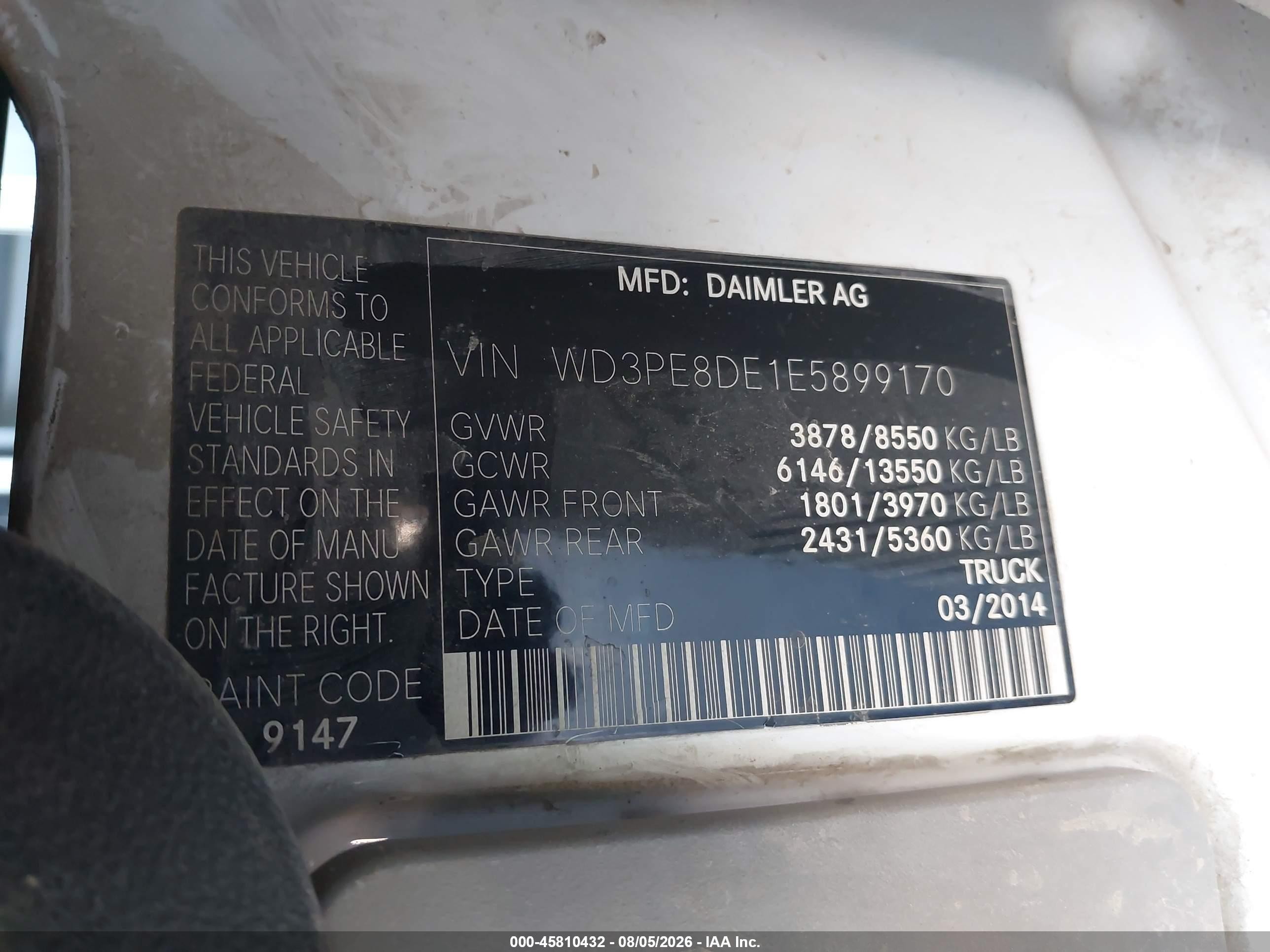 2014 Mercedes-benz Sprinter 2500 High Roof Белый vin: WD3PE8DE1E5899170