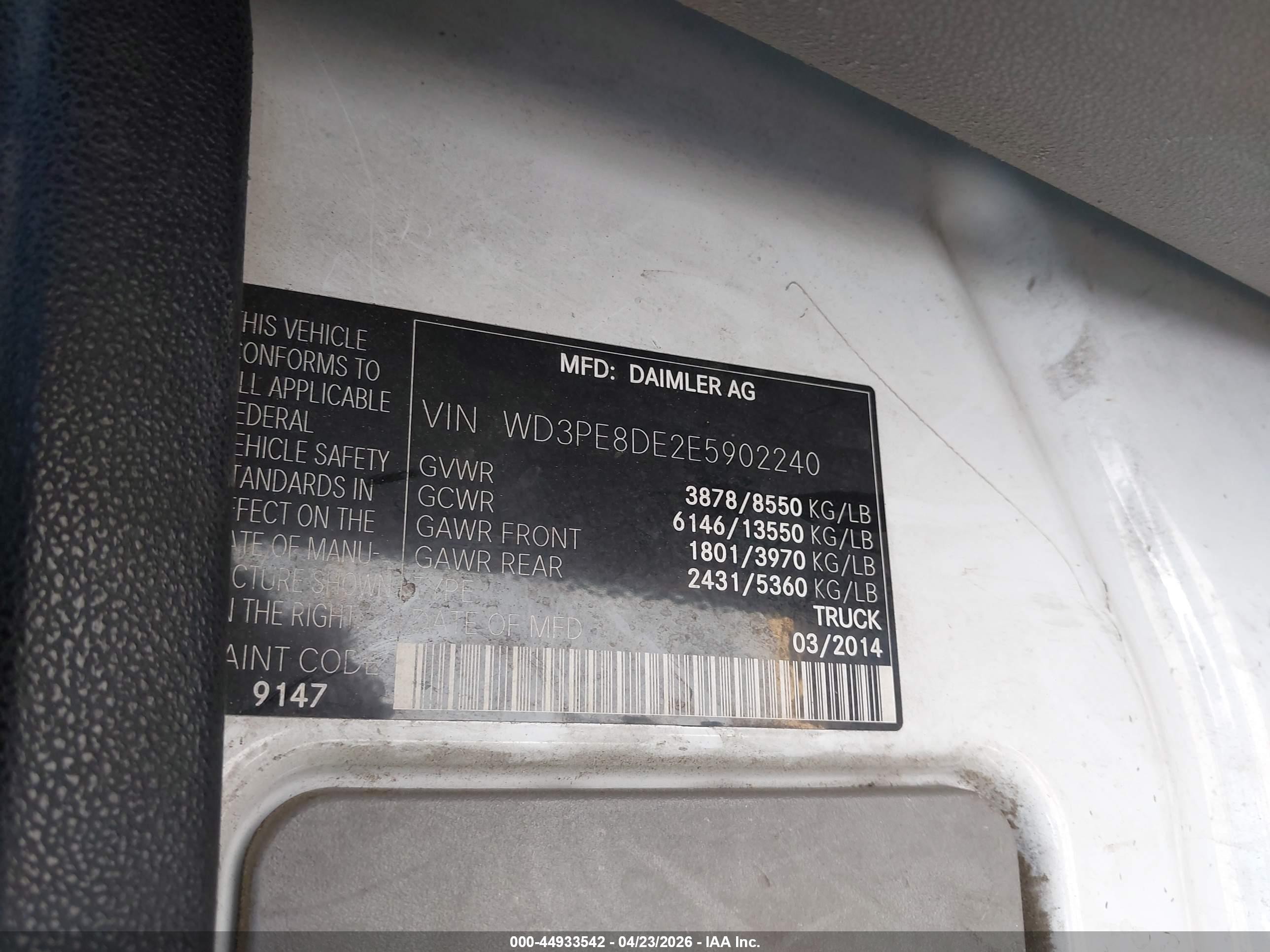 2014 Mercedes-benz Sprinter 2500 High Roof Белый vin: WD3PE8DE2E5902240