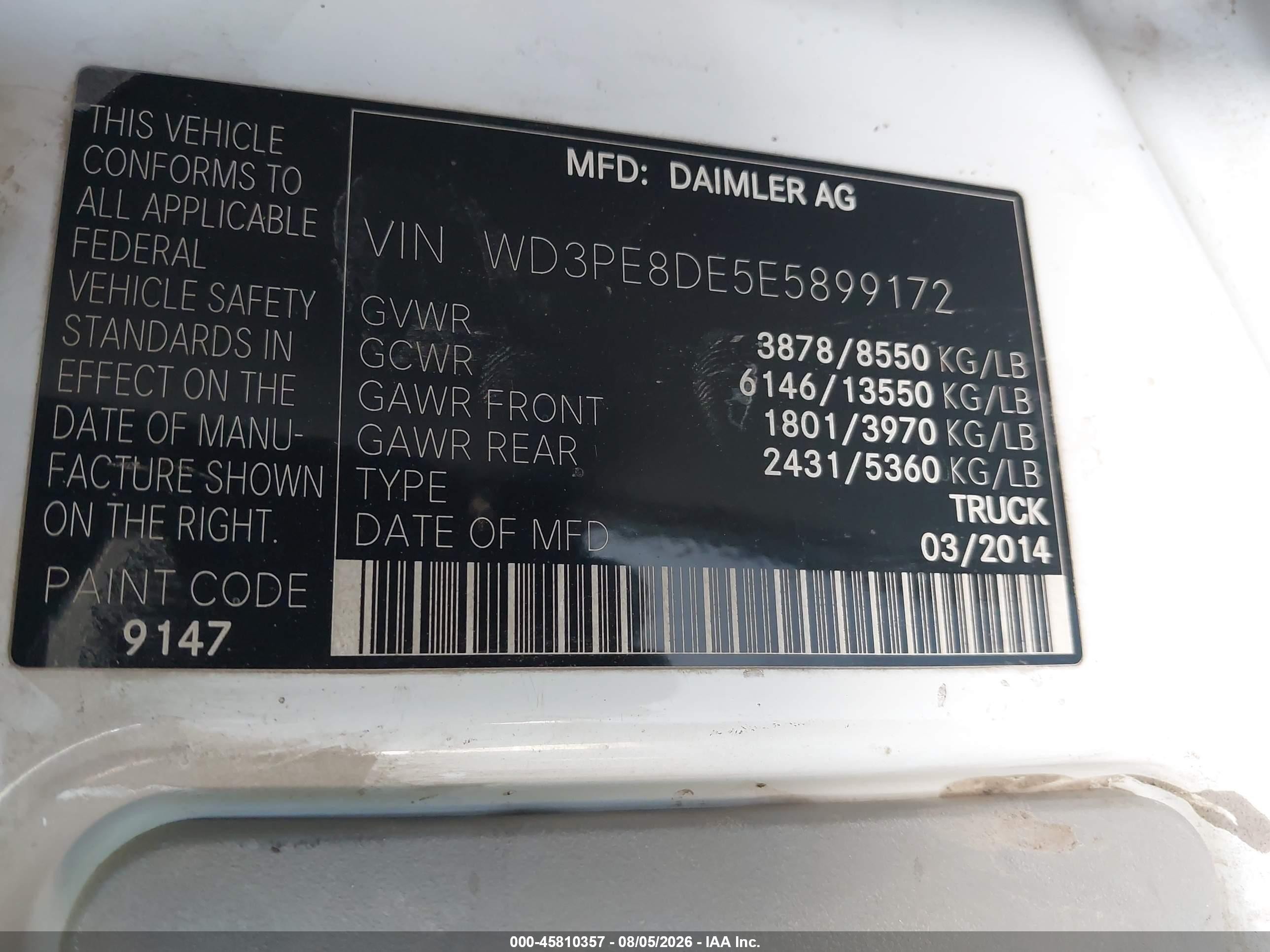 2014 Mercedes-benz Sprinter 2500 High Roof Белый vin: WD3PE8DE5E5899172
