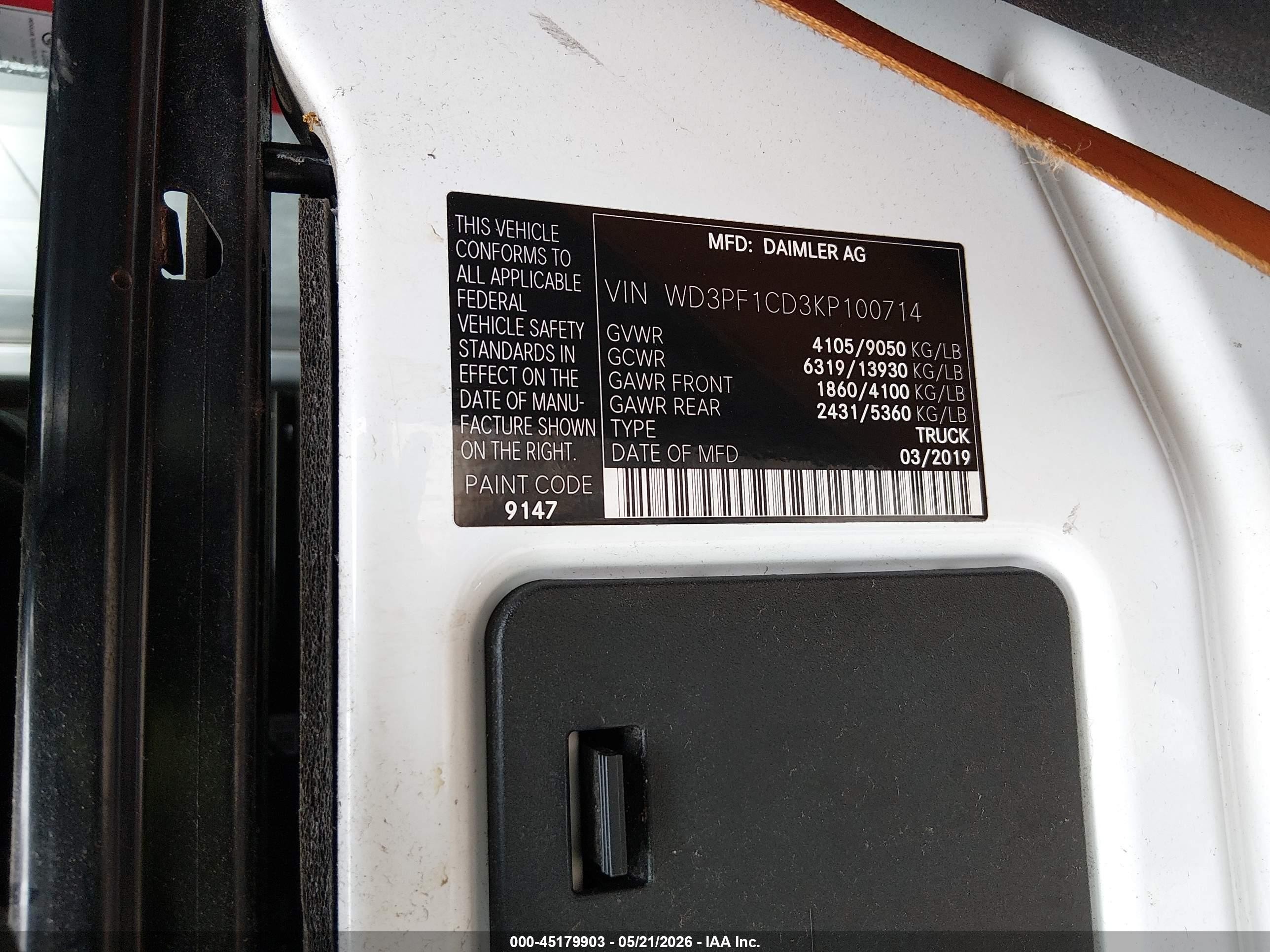 2019 Mercedes-benz Sprinter 2500 High Roof V6 White vin: WD3PF1CD3KP100714