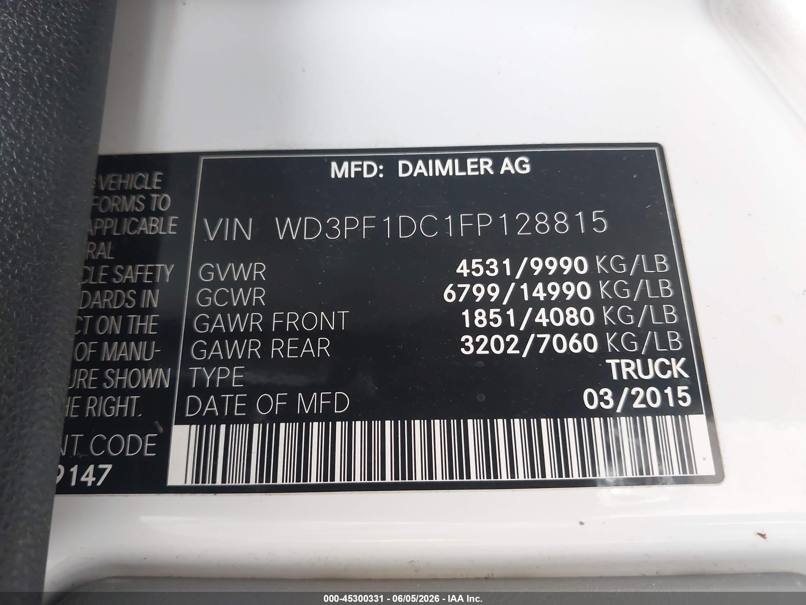 2015 Mercedes-benz Sprinter 3500 High  Roof White vin: WD3PF1DC1FP128815