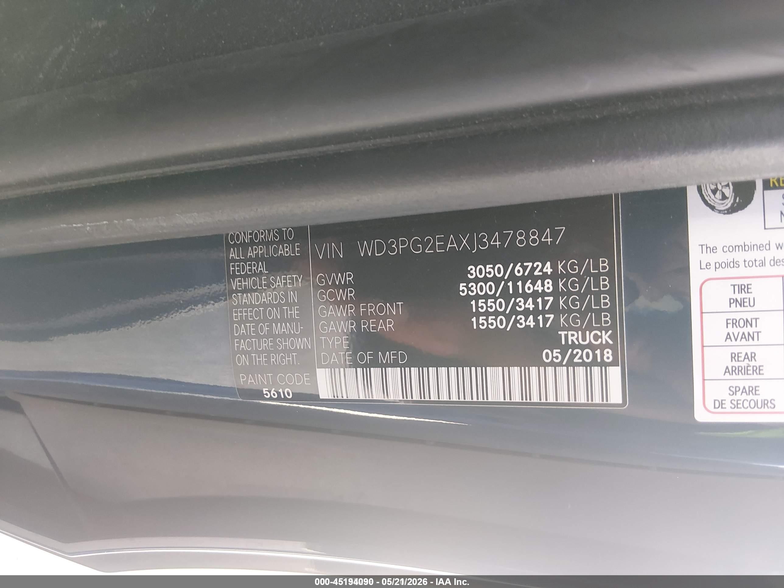 2018 Mercedes-benz Metris   Blue vin: WD3PG2EAXJ3478847