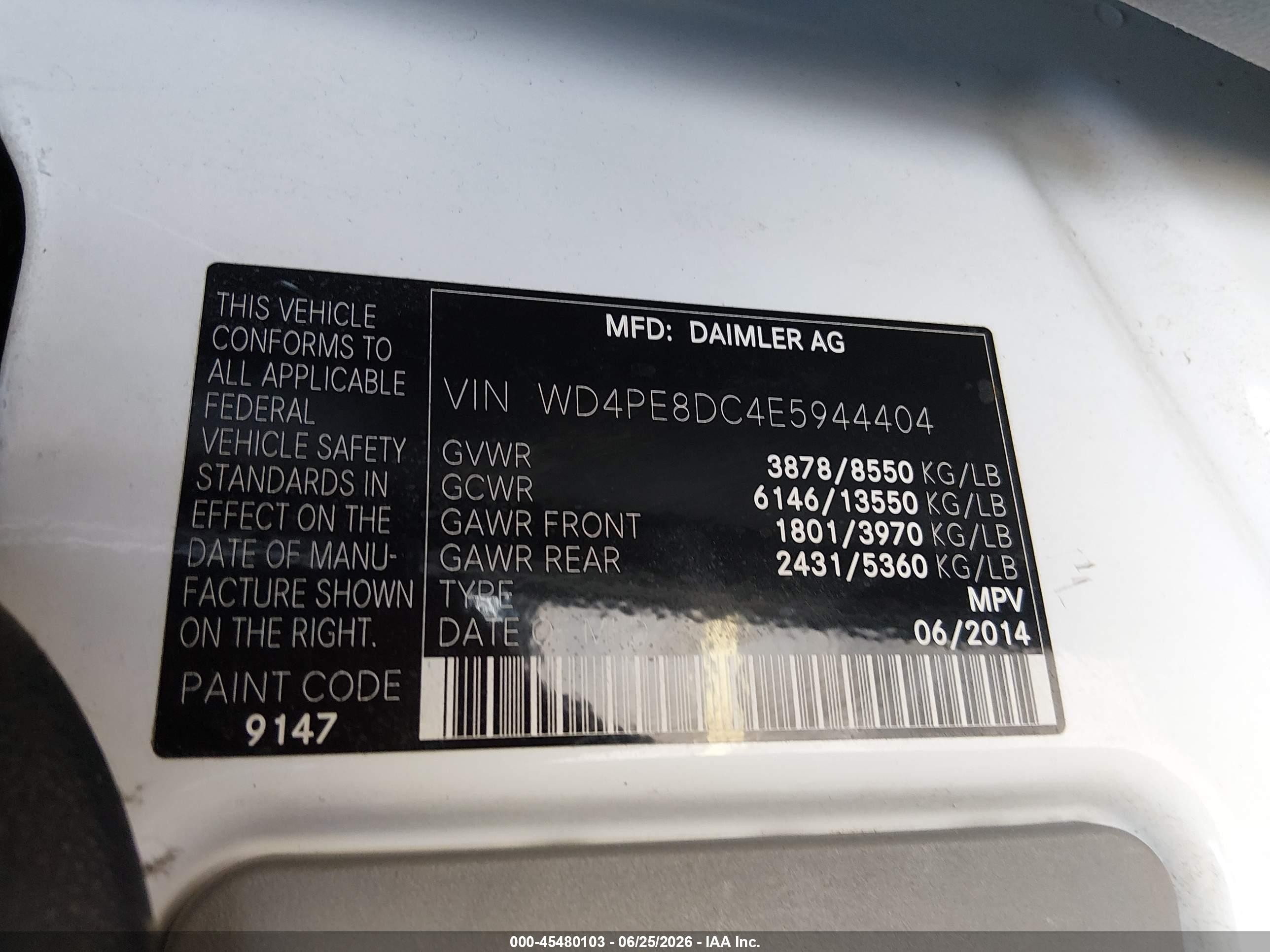 2014 Mercedes-benz Sprinter 2500 High  Roof White vin: WD4PE8DC4E5944404