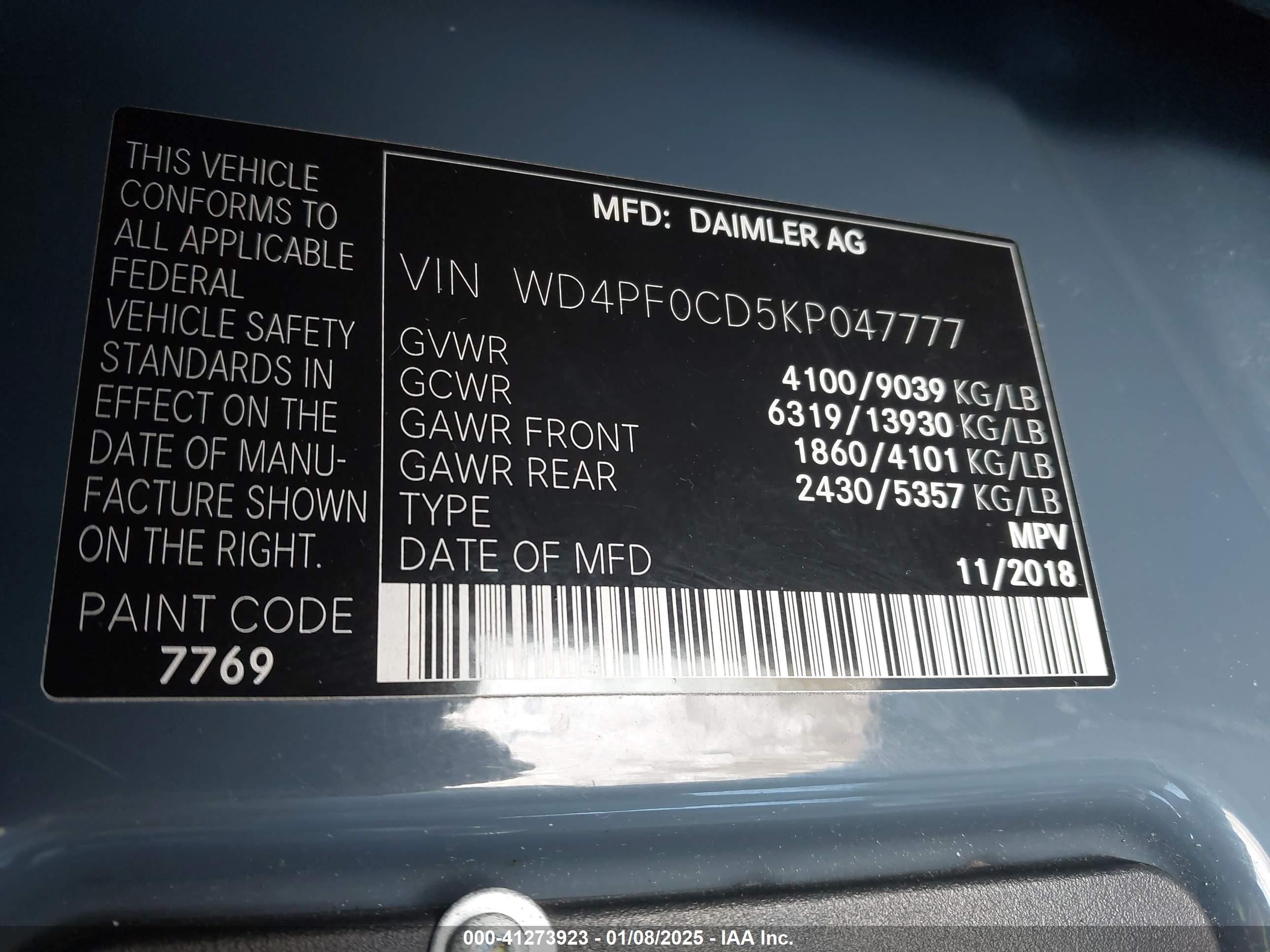 2019 Mercedes-benz Sprinter 2500 High Roof V6/standard Roof V6 Blue vin: WD4PF0CD5KP047777